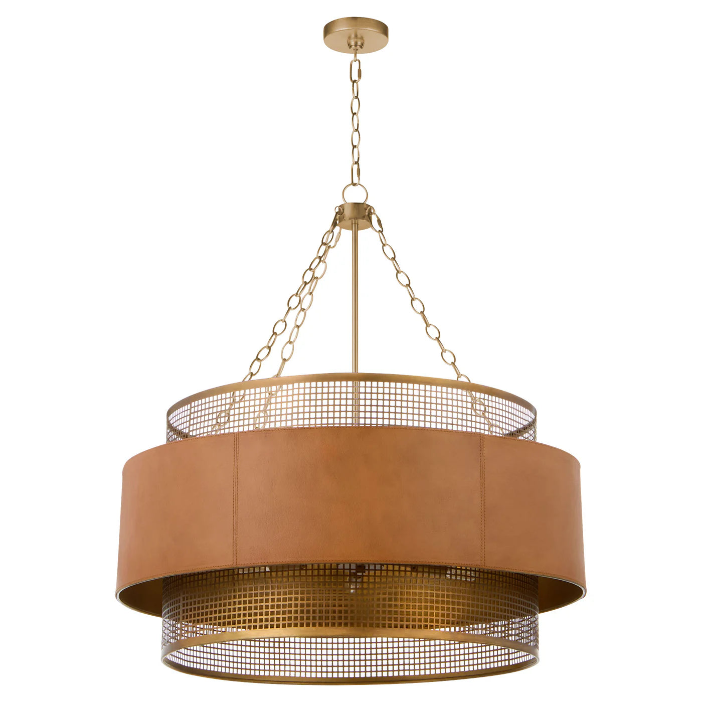 Cyan Design Newcomb 11932 Aged Brass & Leather Hanging Chandelier - Elegant Vintage Lighting for Dining Room, Bedroom, or Foyer Decor