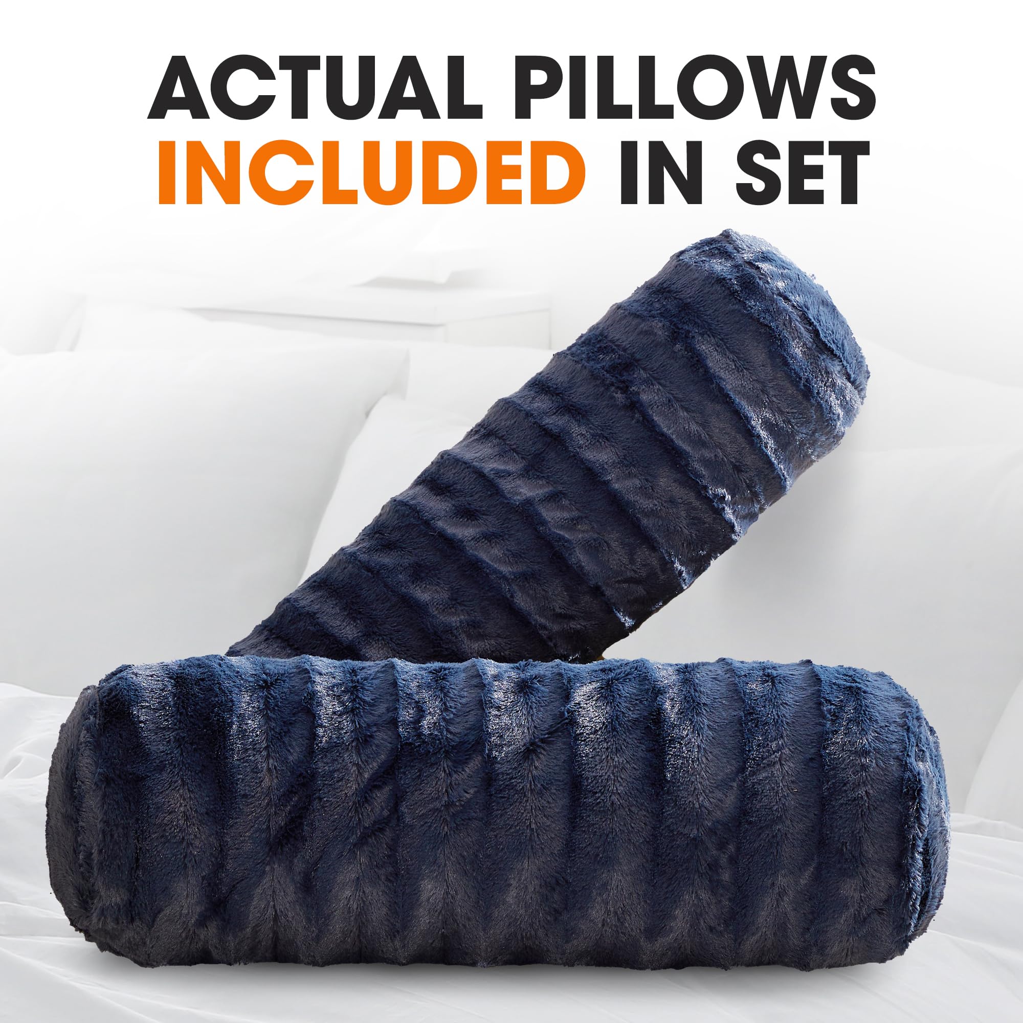 Cheer Collection Faux Fur Cylinder Pillows - 8” x 24” Decorative Bolster Pillows (2pk, Blue) for Bed & Couch - Soft Accent Throw Pillows | Machine Washable & Pet-Friendly | Perfect for Home Decor, Living Room & Bedroom Styling