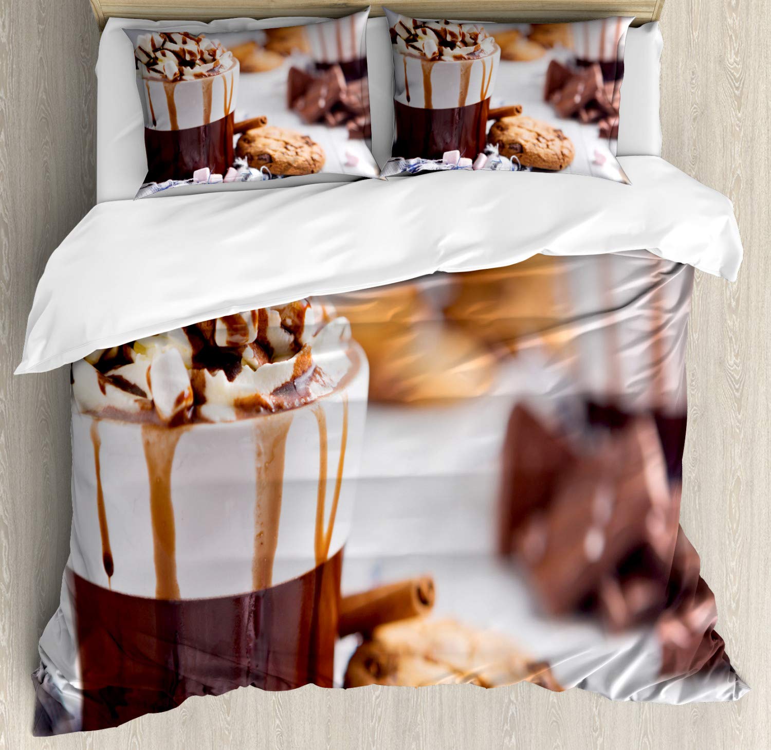 Ambesonne Chocolate Themed Duvet Cover Set - King Size 3 Piece Bedding with 2 Pillow Shams, Hot Chocolate Marshmallow & Cookie Print, Multicolor Decorative Design for Cozy Bedroom Decor