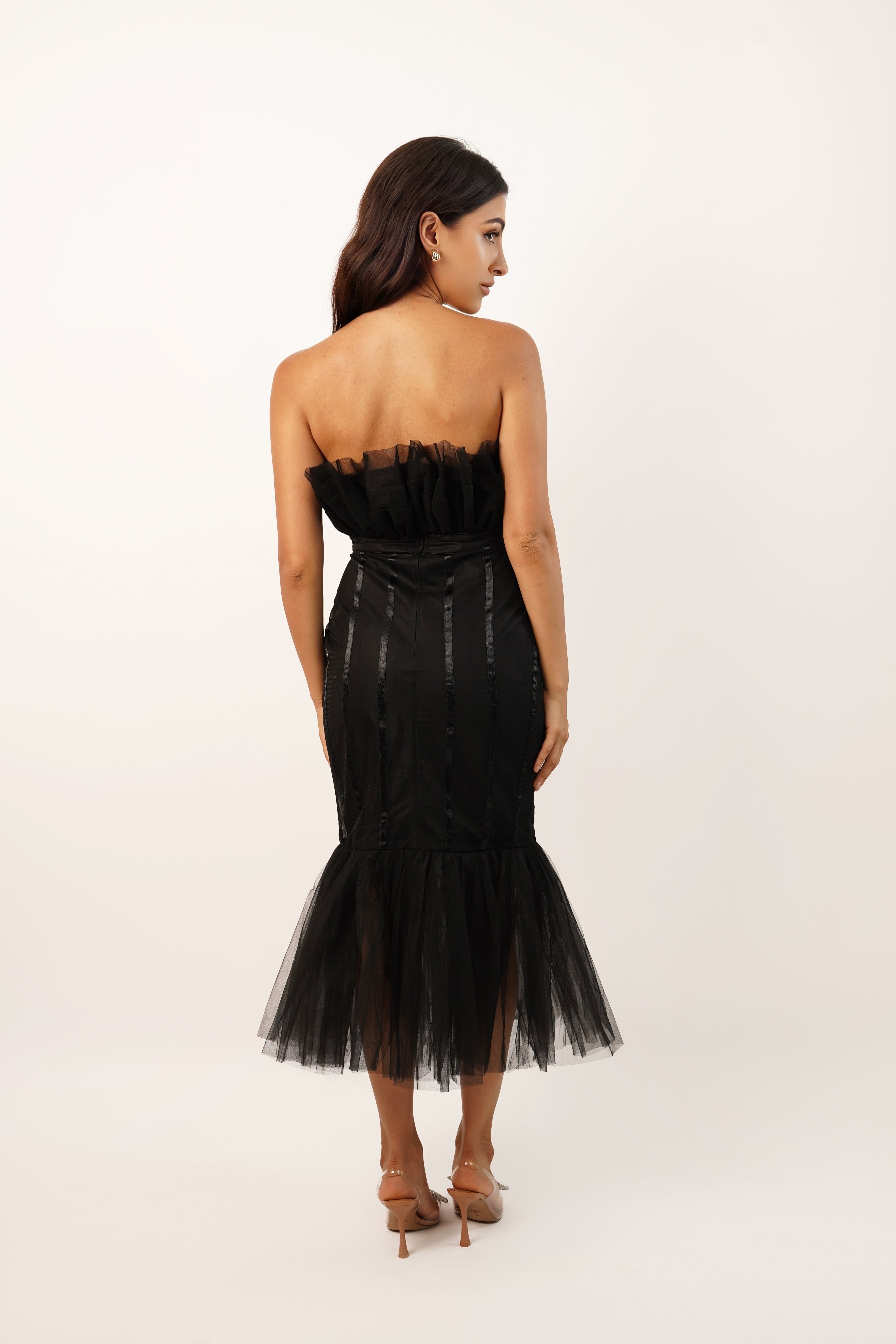 Elegant Nero Black Strapless Midi Dress for Women - Perfect for Cocktail Parties, Date Nights & Special Occasions