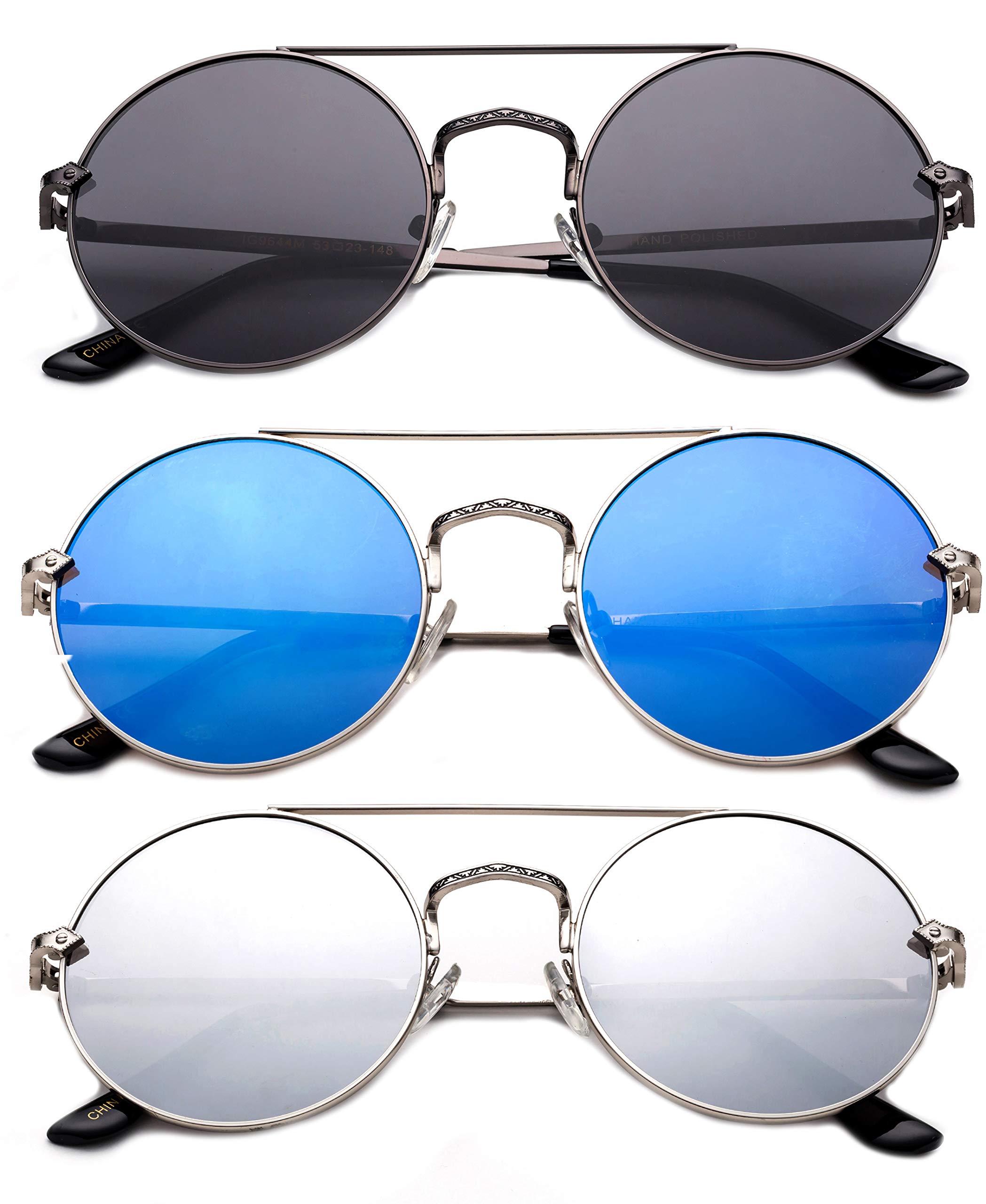 3 Pack Round Metal Frame Sunglasses for Women & Men - Dual Bridge Retro Style - Perfect for Driving, Beach & Outdoor Activities