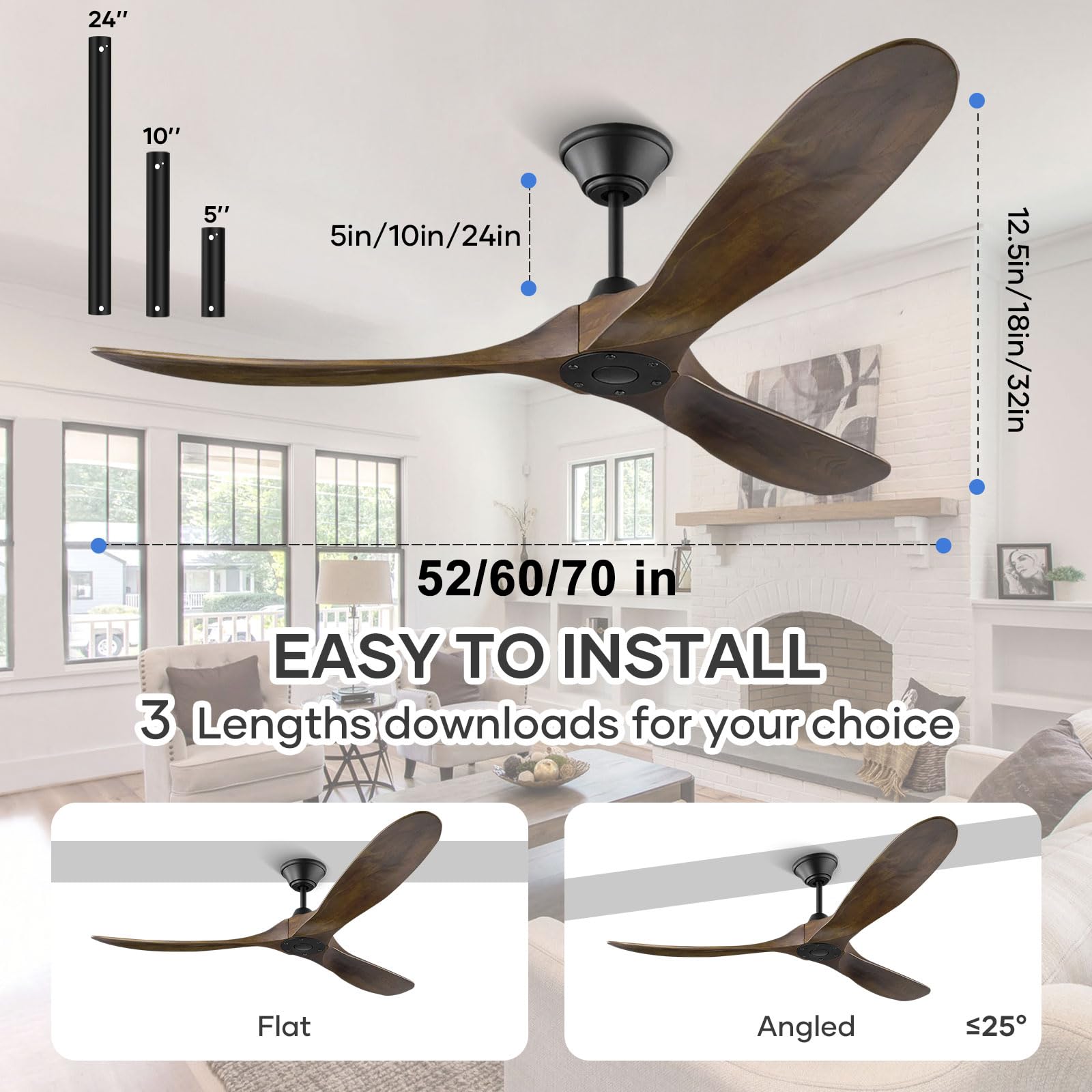 60 Inch Walnut Ceiling Fan with Remote Control - Modern Indoor/Outdoor Farmhouse Style Fan with 3 Wood Blades, No Light - Perfect for Patios, Living Rooms & Bedrooms