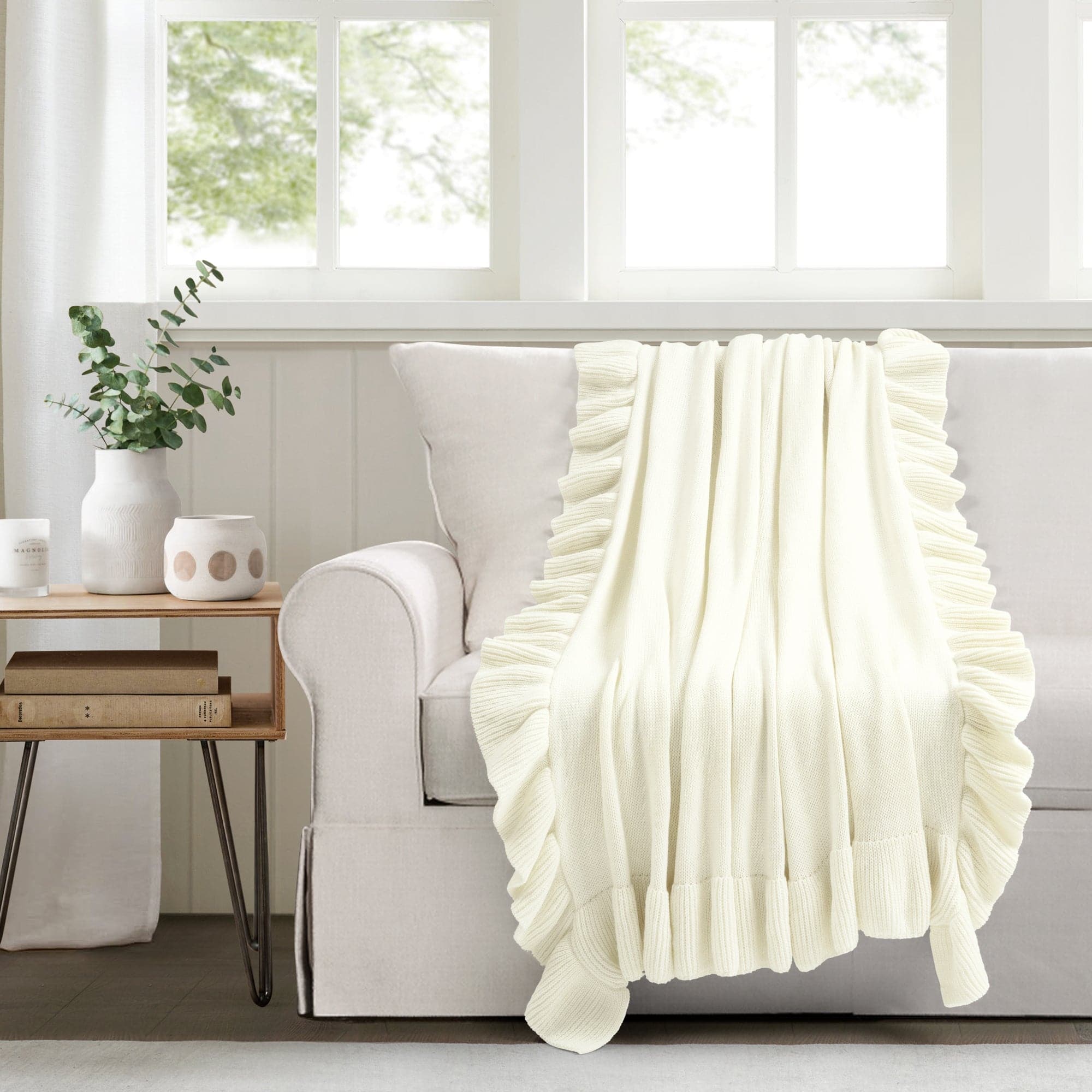 Reyna Soft Knitted Ruffle Throw Blanket - Cozy & Lightweight Knit Bedspread for Couch, Sofa, Bed - Perfect for Living Room, Bedroom & Home Decor