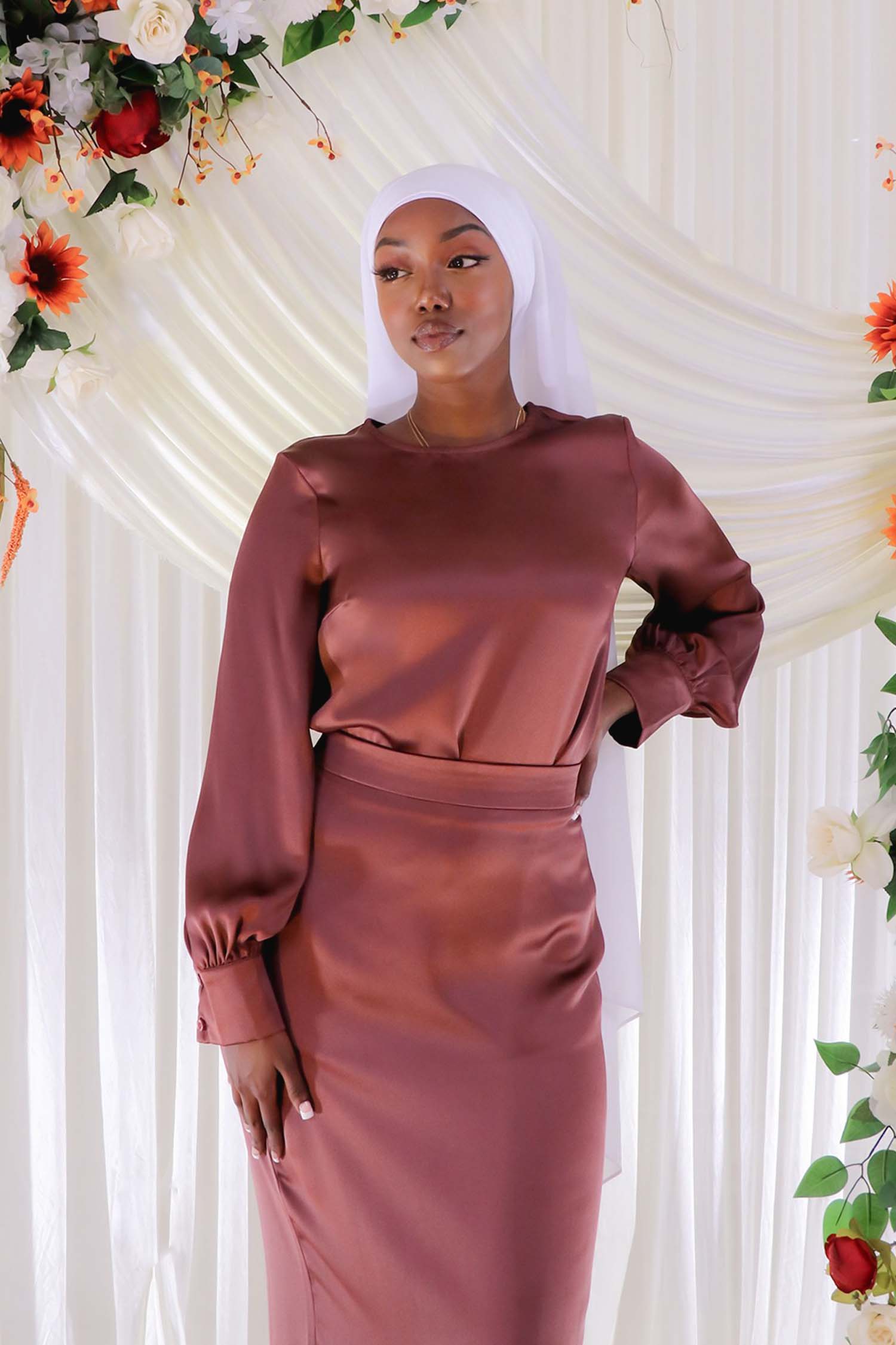 Lameera Women's Satin Blouse - Rusty Pink Long Sleeve Shirt for Work, Party & Date Night | Elegant Casual & Formal Tops