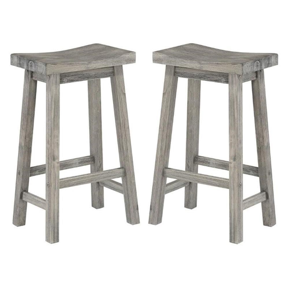 Home Square Sonoma Saddle Barstool Set of 2 - Storm Gray Wire-Brush Finish Counter Height Bar Stools for Kitchen Island, Breakfast Nook & Home Bar Decor