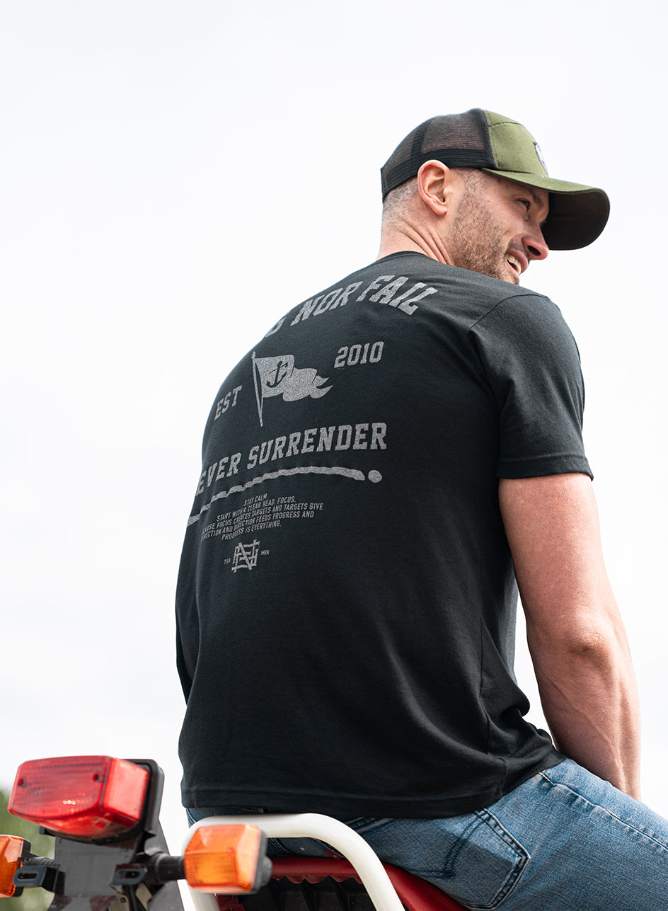 NEVER SURRENDER Graphic T-Shirt for Men - Black Cotton Tee - Streetwear Fashion, Gym Workout & Casual Everyday Wear