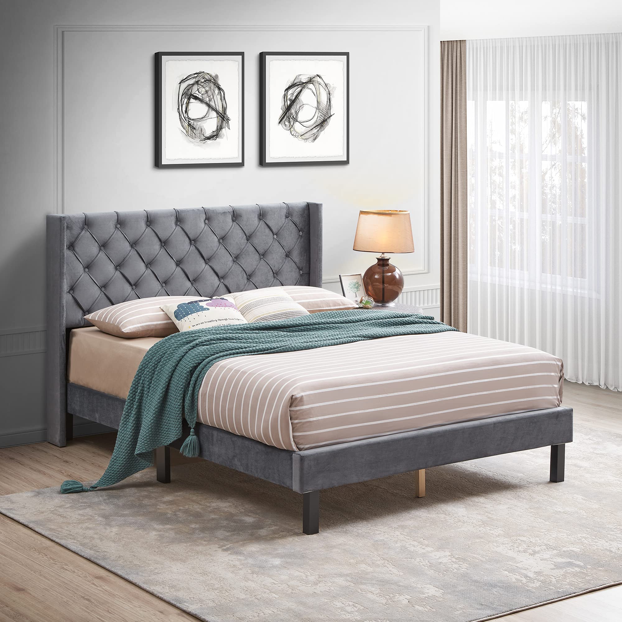 KLMM Queen Size Upholstered Bed Frame with Wooden Slat Support - Classic Diamond Stitched Button Tufted Headboard, Charcoal Gray Velvet Upholstery, Linen Fabric Platform Bed - Perfect for Master Bedroom, Guest Room & Modern Home Decor