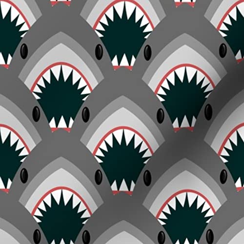 Shark Face Printed Denim Fabric by Spoonflower - Ocean Shark Teeth Design for Apparel, Home Decor & Upholstery - Perfect for DIY Crafts, Quilting, and Fashion Projects