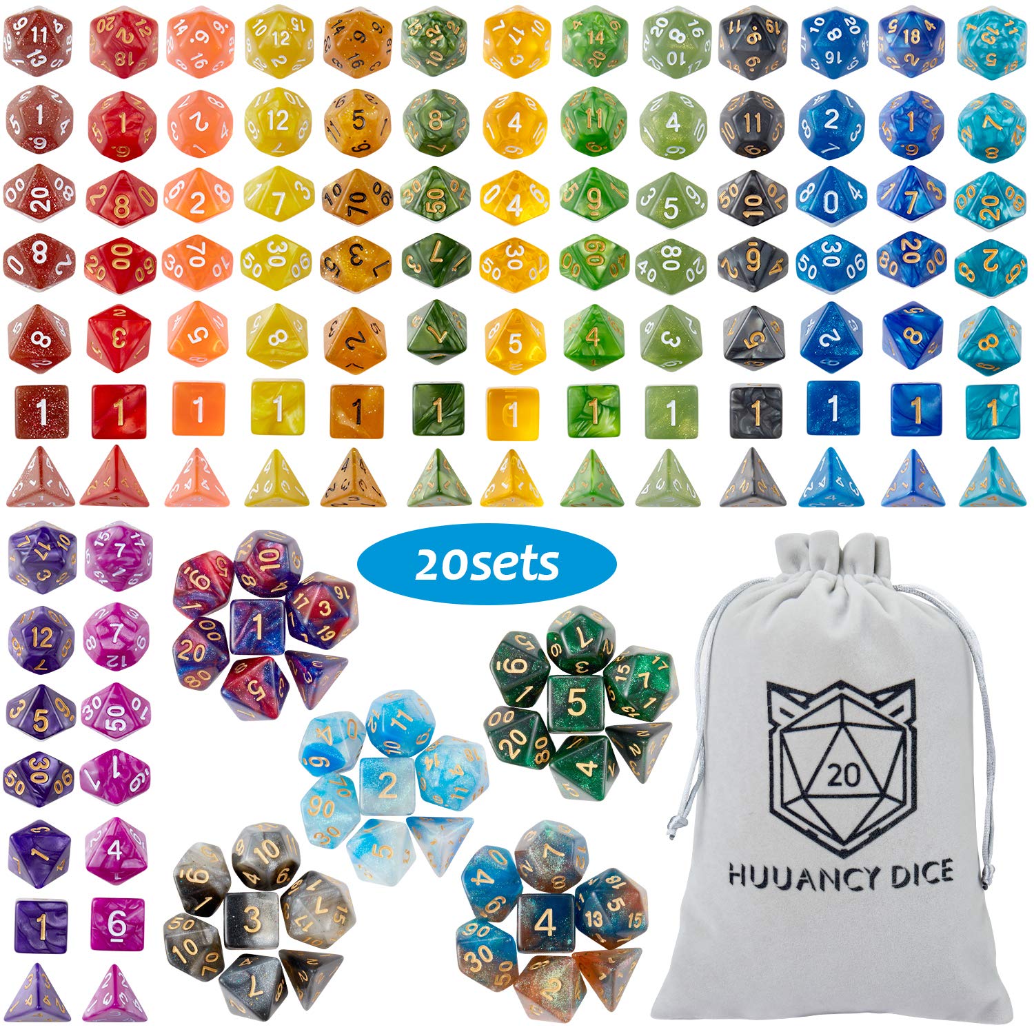 Premium 140-Piece DND Dice Set for Dungeons & Dragons, RPG, MTG - 20 Vibrant Colors with Large Flannel Storage Bag | Perfect for Tabletop Gaming, Campaigns & Gift Giving