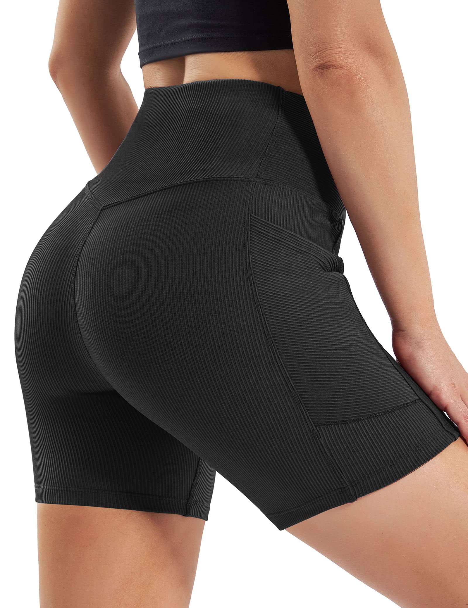 IUGA Women's High Waist Ribbed Biker Shorts - Tummy Control Compression Yoga Shorts with Pockets | Cross Waist Spandex Workout Shorts for Cycling, Running & Gym