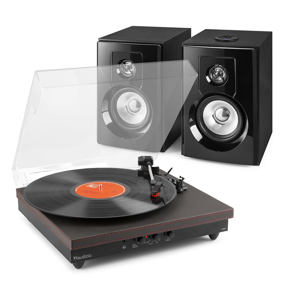 Audizio RP113B Bluetooth Record Player with Wireless Bookshelf Speakers, Vinyl to MP3 USB Converter, 3-Speed Turntable & Pitch Control - Dark Grey Leather Finish for Home & Office Music Listening