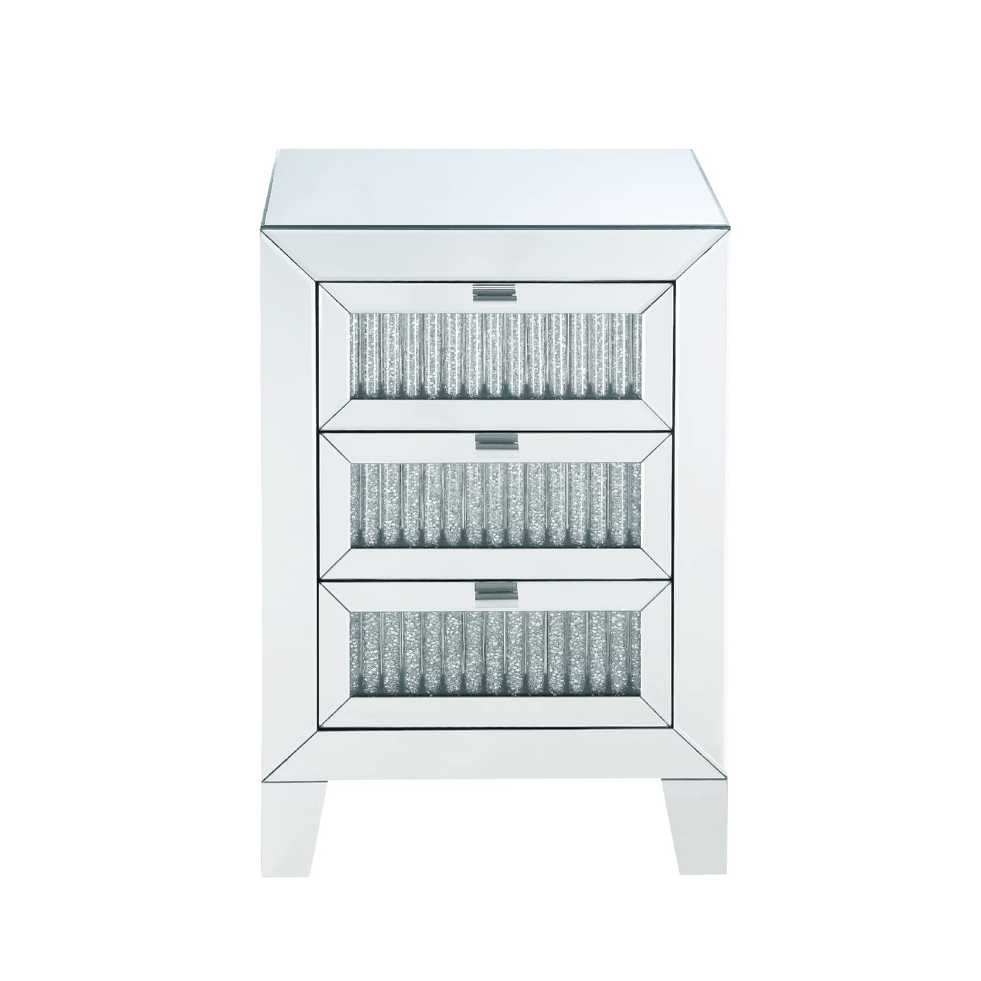 Benjara Modern Wooden Mirrored Nightstand with 3 Drawers in Silver Finish - Perfect for Bedroom, Guest Room, or Vanity Dressing Table