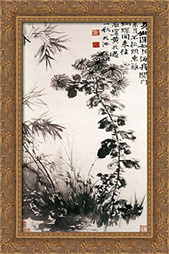 Xu Wei Chrysanthemums and Bamboos 16x24 Inch Gold Ornate Wood Framed Canvas Wall Art - Perfect for Living Room, Bedroom, and Office Decor
