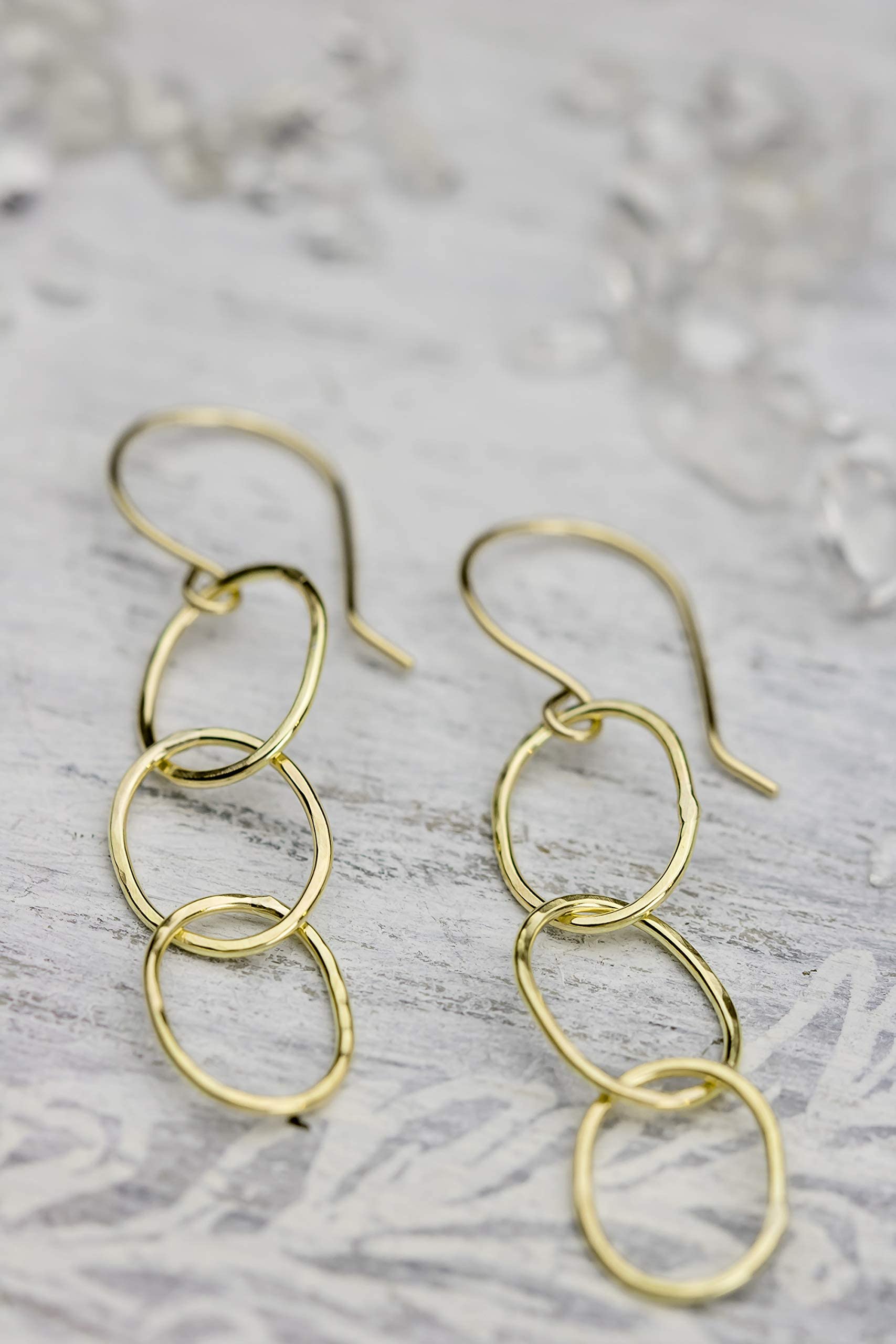 18K Solid Yellow Gold Hammered Triple Hoop Dangle Drop Earrings for Women - Perfect for Weddings, Parties & Everyday Elegance