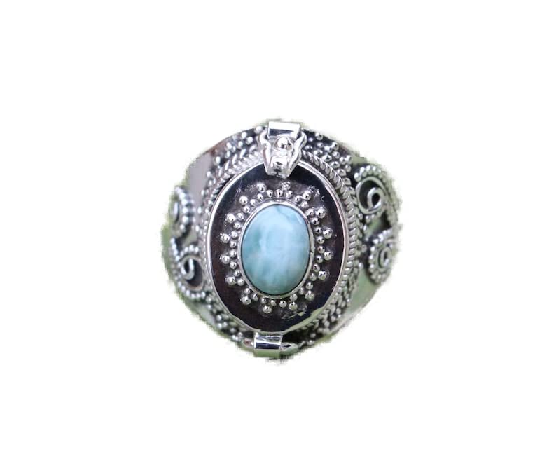 Boho Poison Ring - 925 Sterling Silver Handmade Statement Ring with Dominican Republic Larimar | Vintage Style Pillbox Locket Ring for Women | Perfect for Gothic Fashion, Witchy Aesthetics & Unique Gift Giving