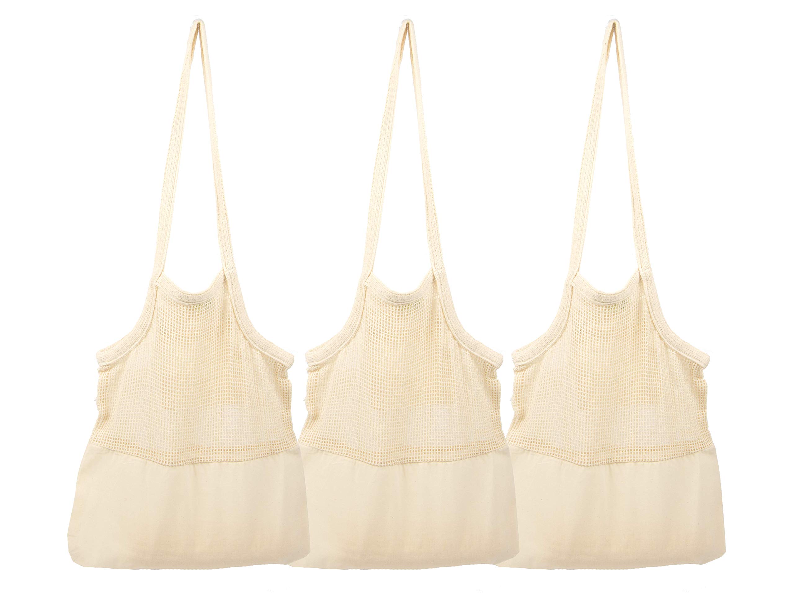 Organic Cotton Mesh Grocery Bags - Reusable Eco-Friendly Shopping Totes with Reinforced Bottom for Farmers Market, Mushroom Foraging & French Market (Set of 3) - Perfect for Grocery Shopping, Beach Trips & Picnics