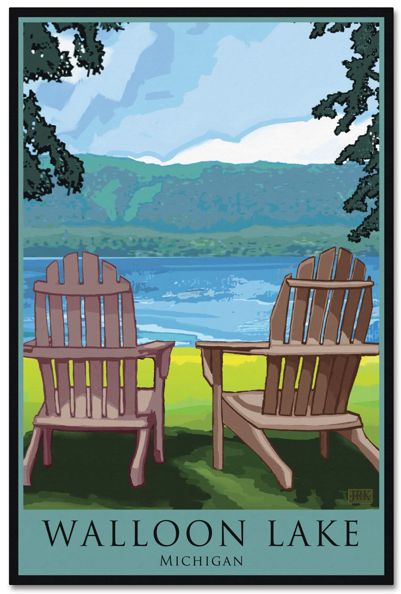 Walloon Lake Michigan Adirondack Chairs Giclee Print - 24x36 Inch Archival Canvas Wall Art for Living Room, Bedroom & Office Decor - Lake View Landscape Painting by Joanne Kollman - Perfect for Cottage, Cabin & Lakeside Home Decoration