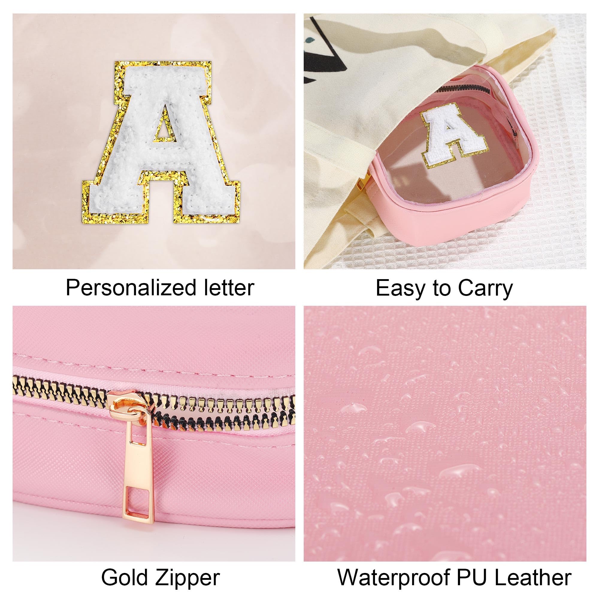 YOOLIFE Initial Mini Makeup Bag - Clear Travel Toiletry Cosmetic Organizer | Preppy Pink Makeup Pouch for Women & Teens | Perfect Gift for Girlfriend, Teacher Birthday | Great for Travel, Gym & Daily Essentials Storage