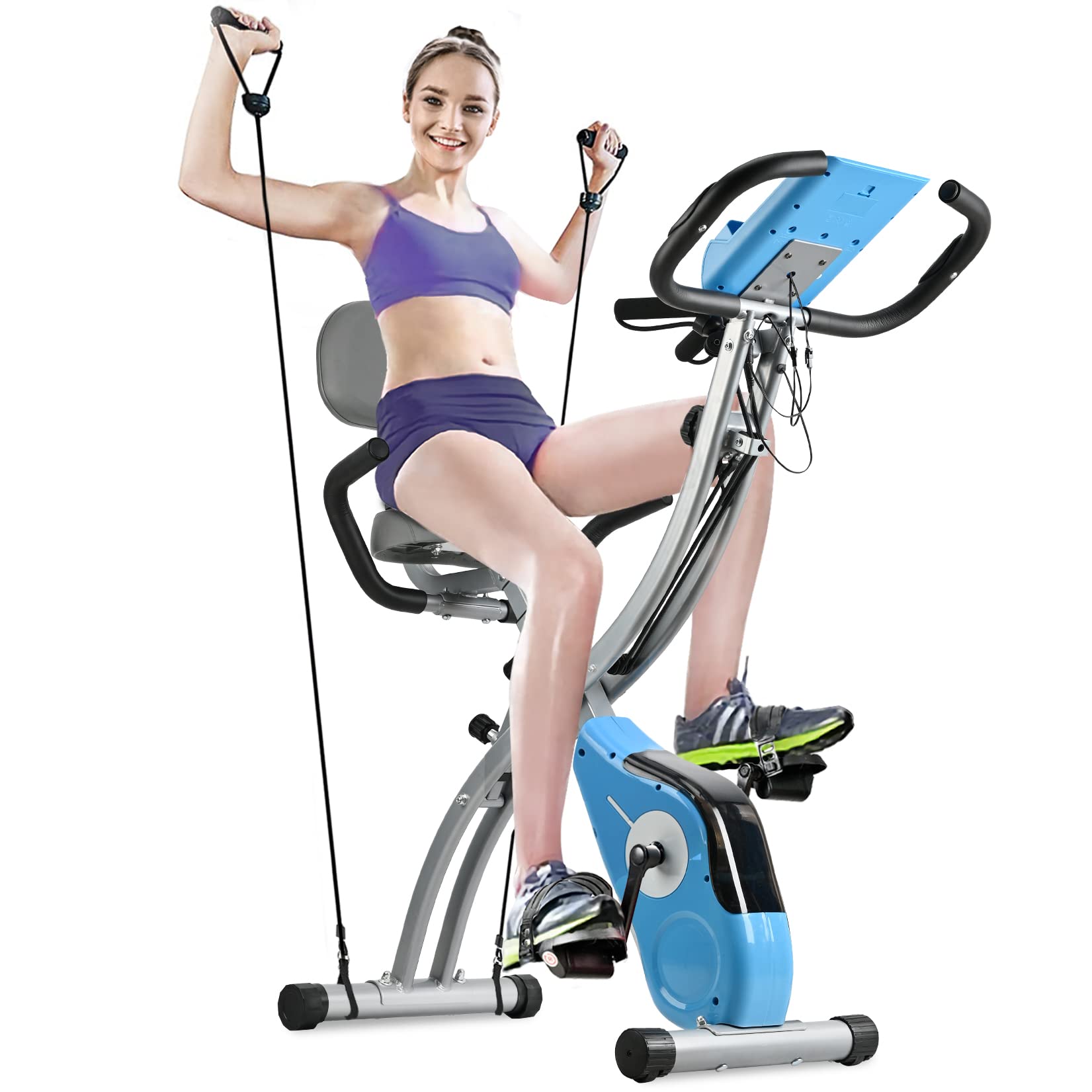 SALEMFIT Magnetic Folding Exercise Bike - Indoor Cycling Bike with LCD Monitor, Pulse Sensor & Resistance Bands - Adjustable Seat & Phone Holder - Perfect for Home Gym, Cardio Workout & Full Body Training