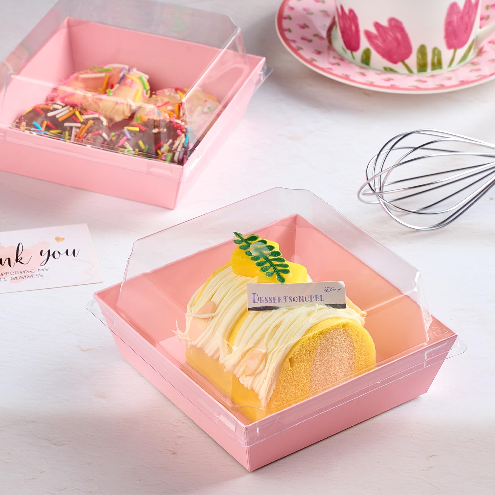 50 Pack 5 Inch Pink Square Paper Charcuterie Boxes with Clear Lids - Small Bakery To-Go Containers for Cake Slices, Desserts, Cookies, Sandwiches & Strawberries | Perfect for Parties, Catering & Gift Packaging
