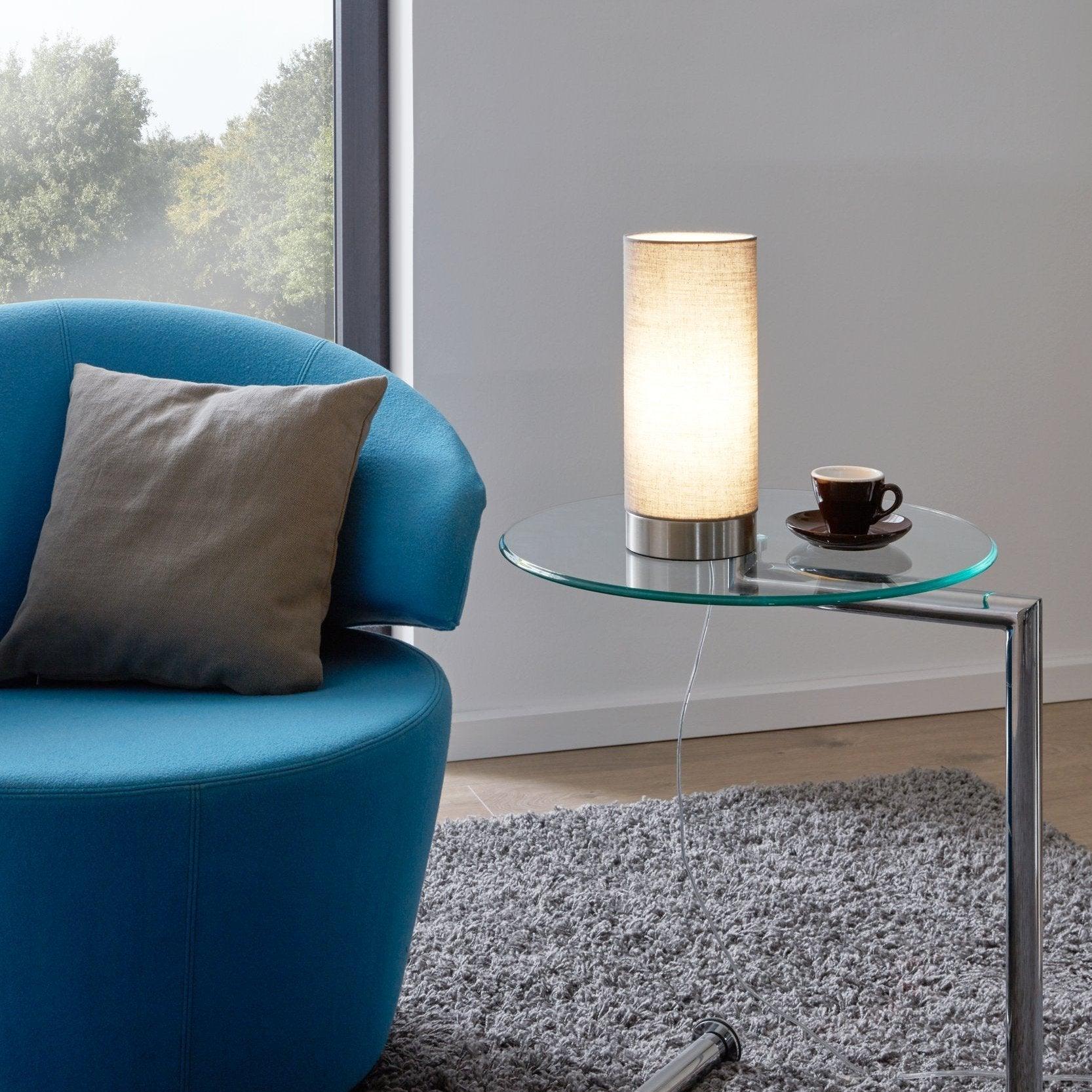 Eglo Pasteri Nickel & Grey Fabric Cylindrical Table Lamp - Modern Bedside Lighting for Living Room, Bedroom & Office Decor