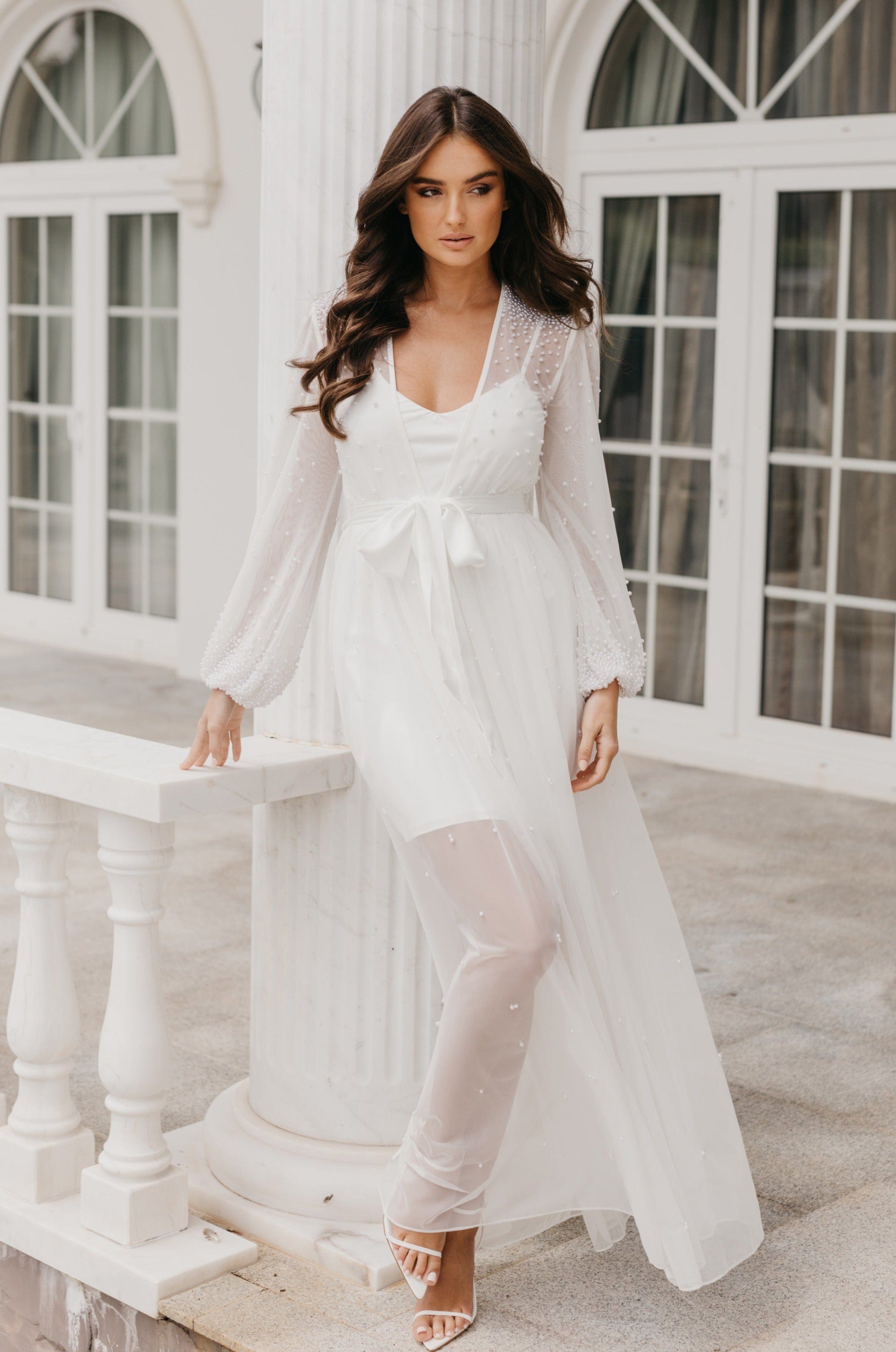 Millie Hand-Beaded Pearl Mesh Maxi Dress with Slip - Elegant Evening Gown for Weddings, Parties & Special Occasions