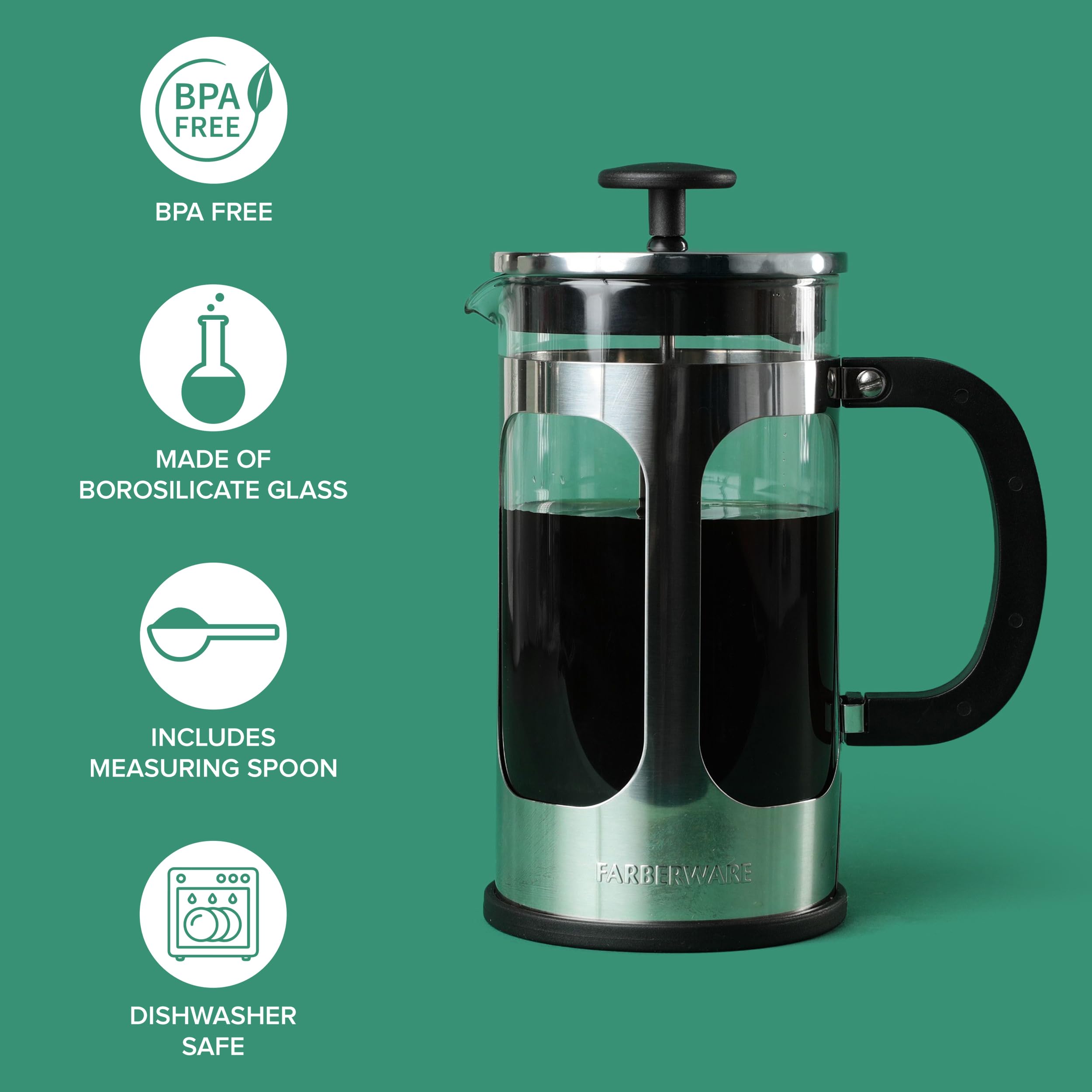 Farberware Stainless Steel French Press Coffee Maker - 8 Cup Capacity, BPA-Free, Heat-Resistant Borosilicate Glass for Hot & Cold Brew Coffee, Tea, Espresso | Includes Measuring Spoon | Perfect for Home, Office & Camping Use