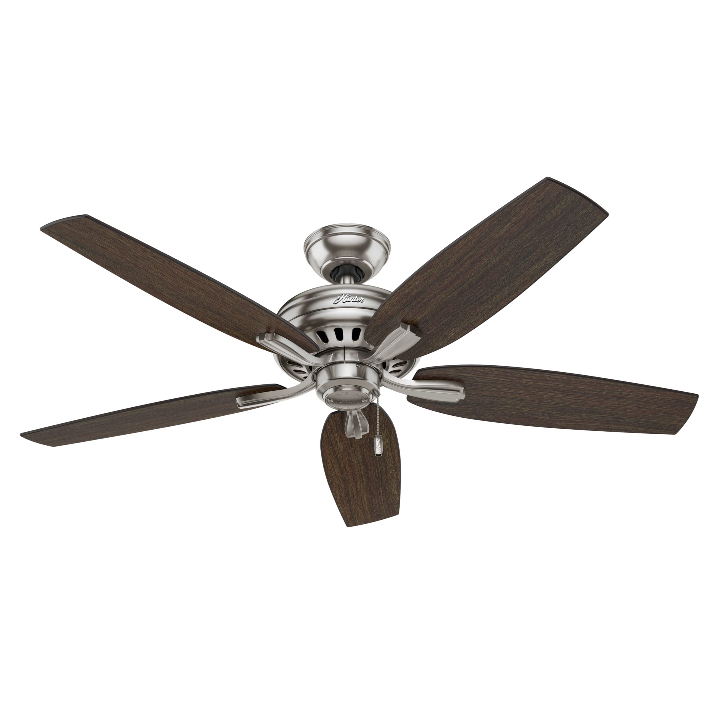 52 Inch Newsome Brushed Nickel Ceiling Fan with Pull Chain - Hunter Fan Company Model 53321 - Perfect for Living Room, Bedroom, and Outdoor Spaces