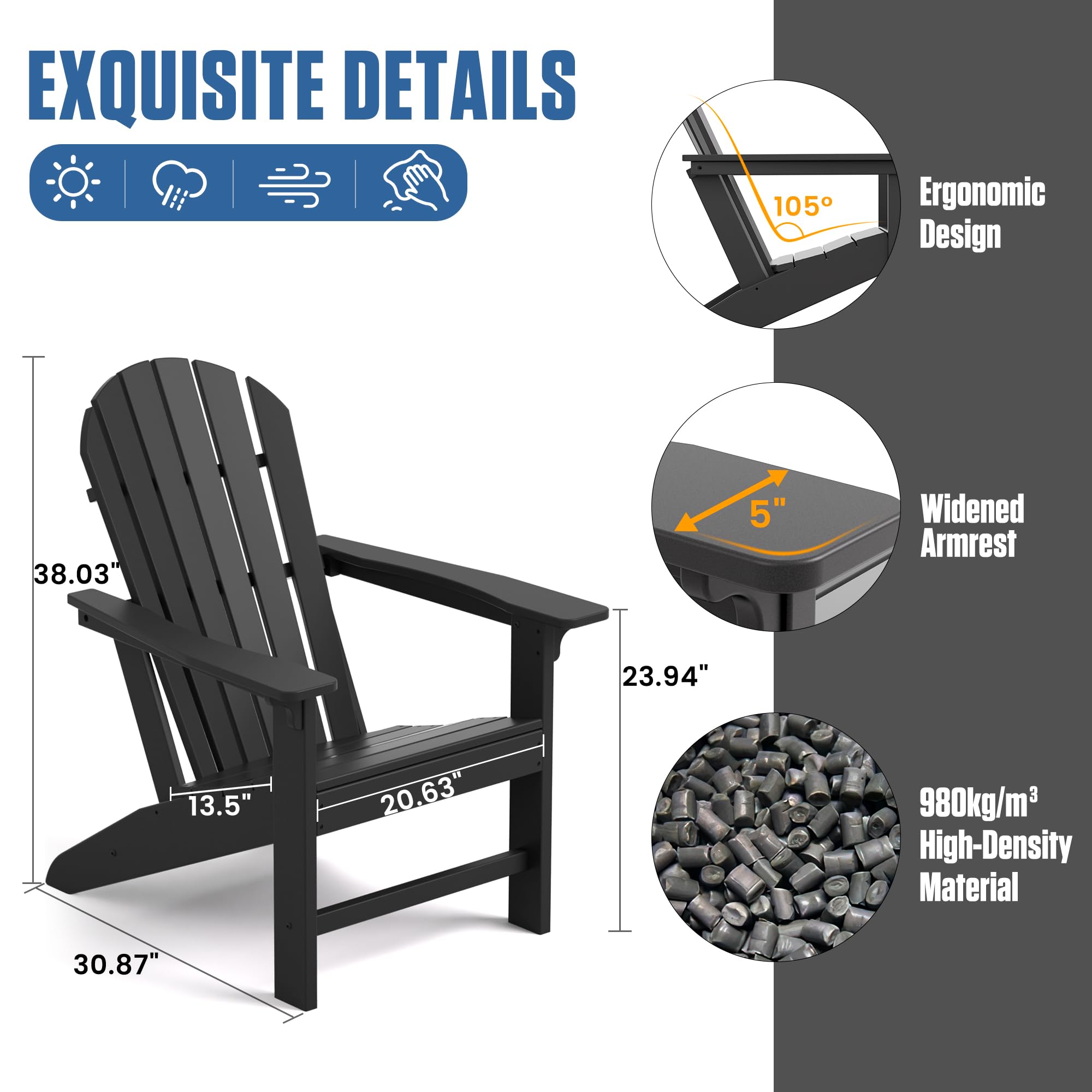 Premium Adirondack Chair - Heavy Duty HDPE Outdoor Lounge Chair for Patio, Garden, Pool & Deck - Weather Resistant & Durable Lawn Furniture (Black) - Perfect for Relaxing, Sunbathing & Outdoor Entertaining