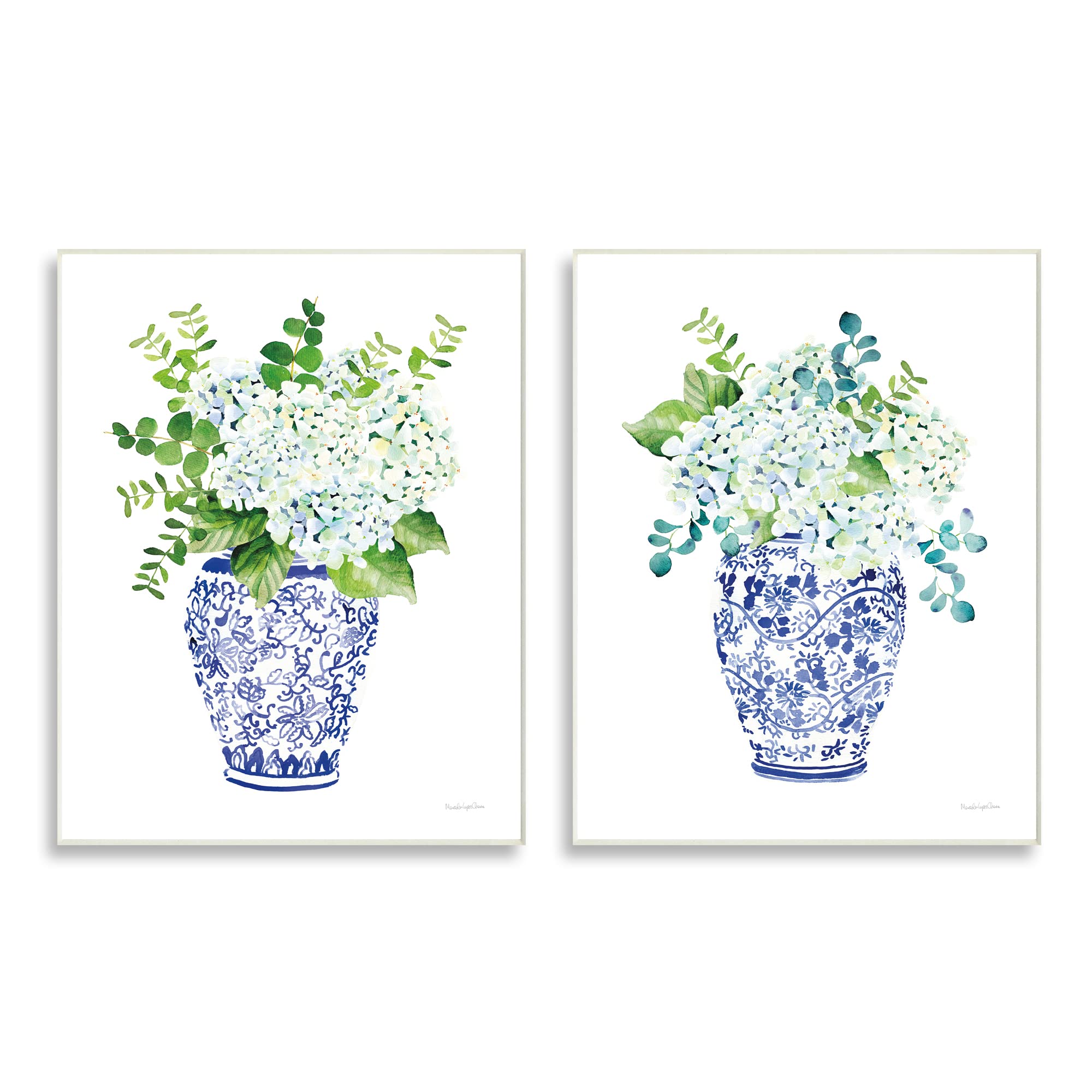 Stupell Industries Blue Floral Bouquets Wall Art - Lush Green Botanical Print in Ornate Pot - Home Decor for Living Room, Bedroom & Office
