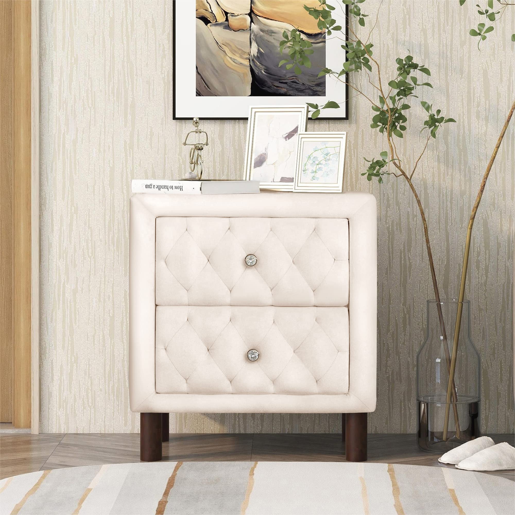 Yoluckea Modern Velvet Wooden Nightstand with 2 Drawers & Crystal Knobs - Upholstered Bedside Table, Sofa Table, End Table for Bedroom, Living Room - Beige | Perfect for Small Spaces, Guest Rooms & Apartment Decor