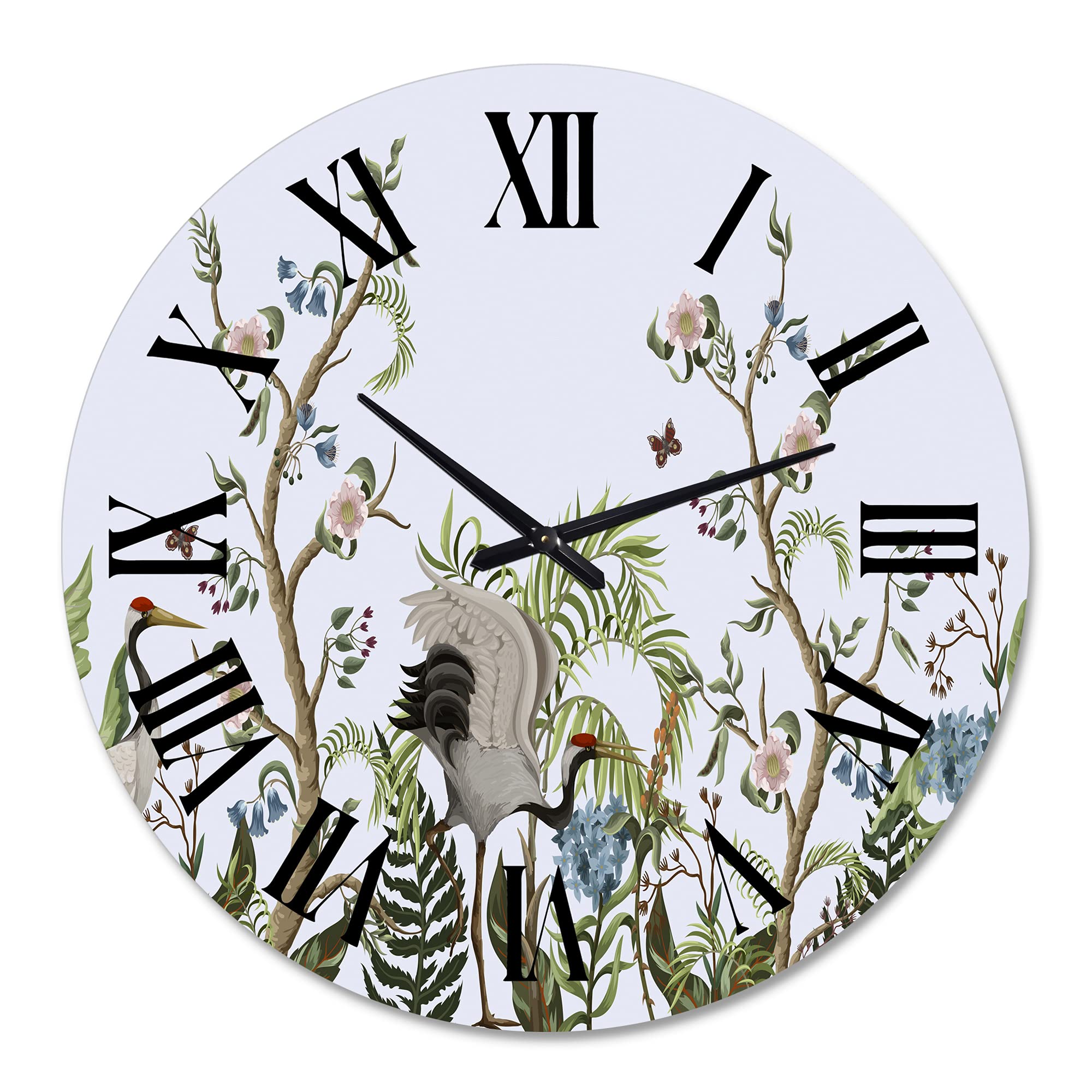 Chinoiserie Style Large Wall Clock with Cranes & Peonies Design - Traditional Home Decor for Living Room, Bedroom & Office | Silent Non-Ticking Modern Clock