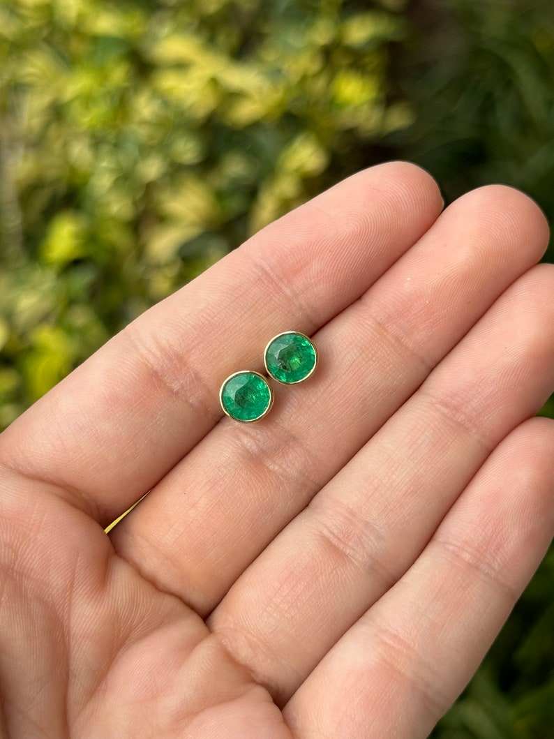 2.14tcw 18K Gold Round Cut Vivid Rich Green Bezel Set Emerald Stud Earrings for Women - Perfect for Weddings, Parties & Special Occasions