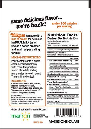 MILKMAN Low-Fat Dry Milk Powder - 8g Protein per Serving, Vitamins A&D, Shelf Stable, Hormone Free, Kosher - Made in USA - 32oz (4 Pack) - Perfect for Baking, Coffee, Camping & Emergency Food Storage