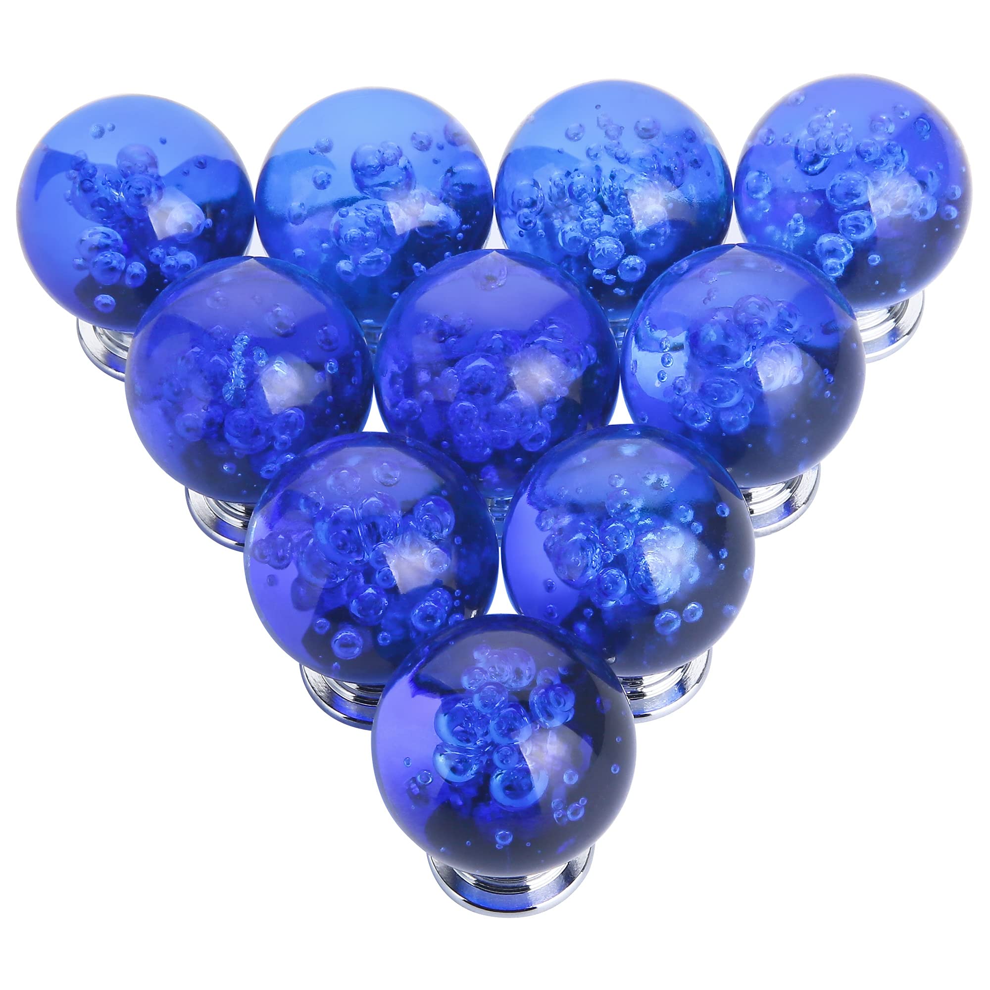 10 PCS Crystal Cabinet Knobs - Round Glass Bubbles Dresser Knobs with Smooth Surface for Drawers & Cabinets - Includes 3 Different Size Screws (30MM, Blue) - Perfect for Home Decor, Bedroom Furniture & Kitchen Cabinets
