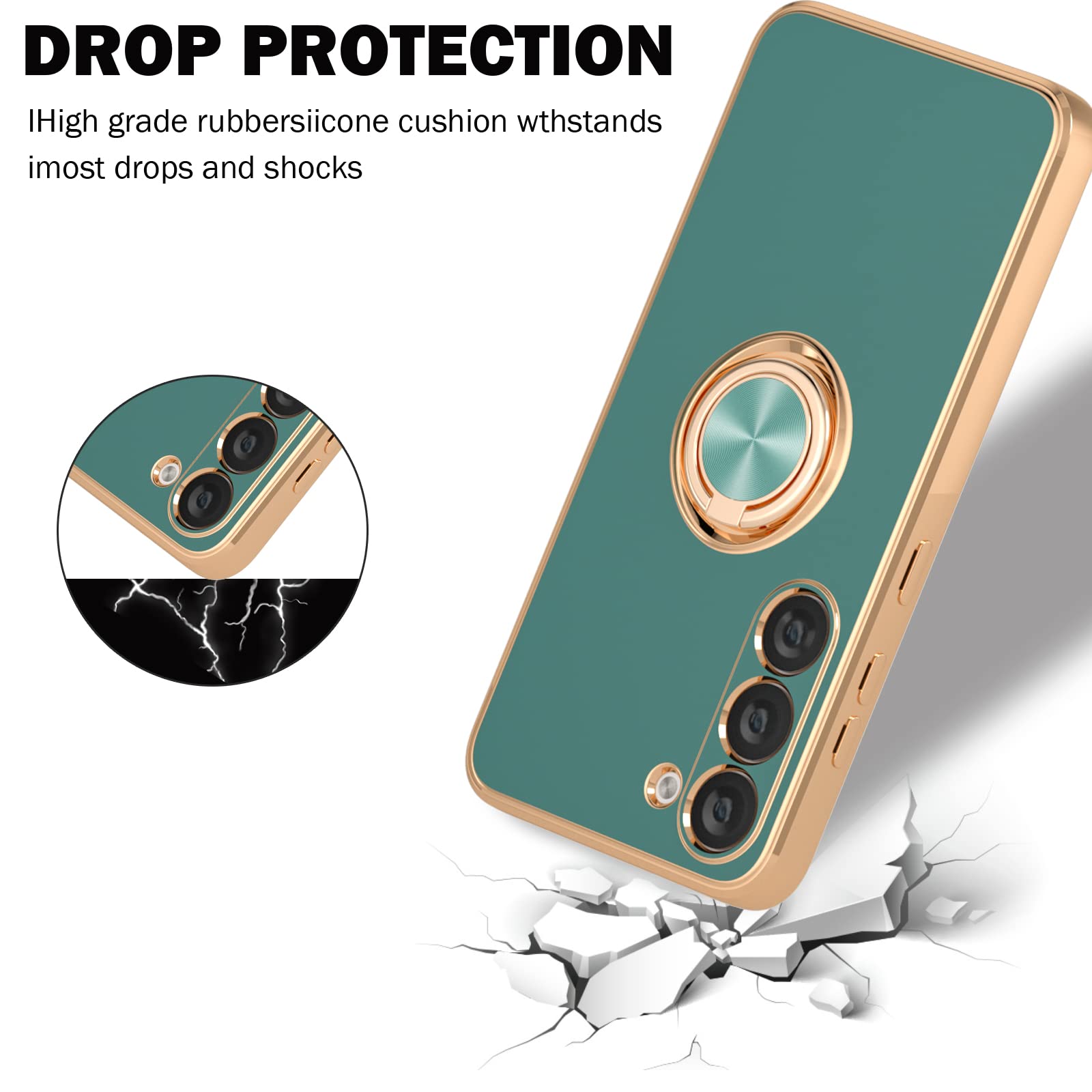 Samsung Galaxy S23 Phone Case with Ring Holder & 360° Kickstand - Rose Gold Edge, Slim Soft TPU Protective Cover + 2 Screen Protectors (Grey) - Perfect for Women's Daily Use, Work & Travel