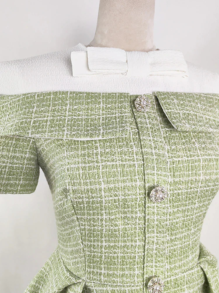 DEAT Women's Patchwork Tweed Dress - Fashion Contrast Color Single Breasted High Waist Elegant Dress for Women | Perfect for Office Wear, Cocktail Parties & Special Occasions