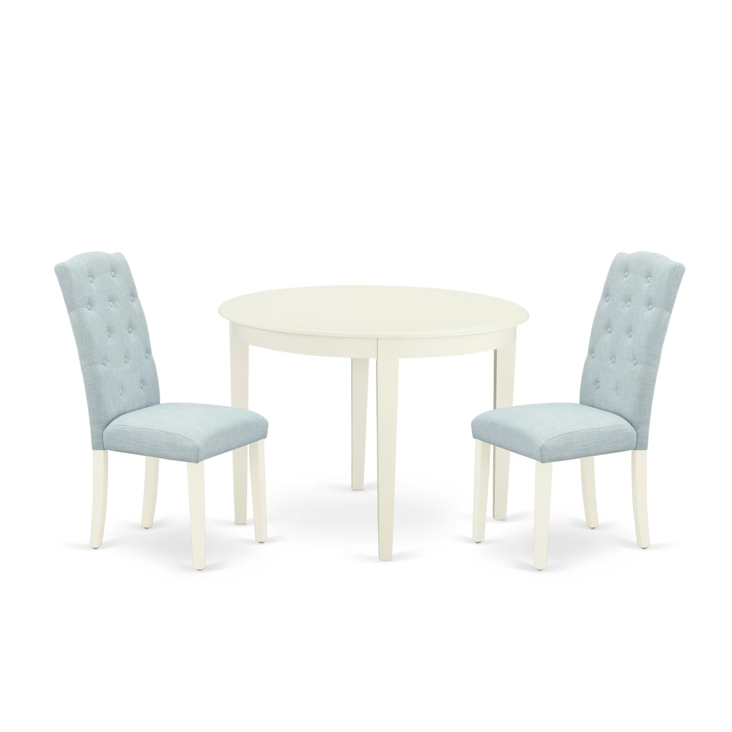East West Furniture 3 Piece Round Dining Table Set for Small Spaces - 42x42 Inch Kitchen Table with 2 Baby Blue Linen Fabric Chairs, White Linen Finish - Perfect for Apartments, Breakfast Nooks & Cozy Dining Areas