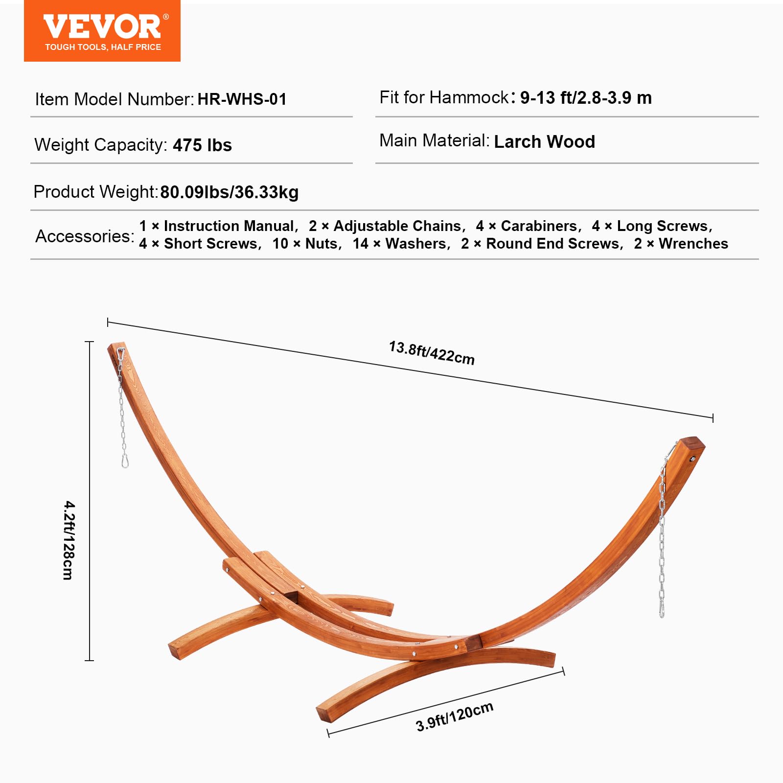 VEVOR Wooden Hammock Stand - 475 lbs Capacity Universal 2 Person Hammock Frame for 9-13 ft Hammocks, Adjustable Larch Wood Arc Stand with Chains & Carabiners - Perfect for Backyard, Patio, Camping & Indoor Relaxation