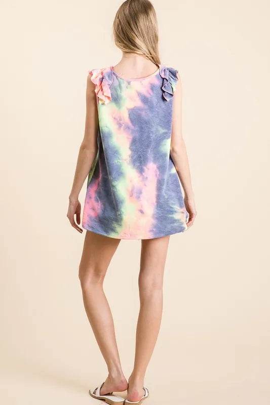 BiBi Tie Dye French Terry V-Neck Ruffle Top for Women | Soft Casual Blouse for Spring & Summer | Perfect for Beach Outings, Brunch Dates, and Weekend Wear