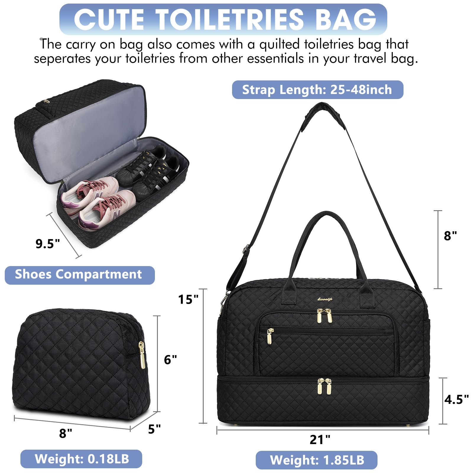 Women's 38L Travel Duffle Bag - Carry-On Weekender Overnight Bag with Shoe Compartment & Wet Pocket, Toiletry Organizer - Perfect for Weekend Getaways, Hospital Visits, Labor & Delivery