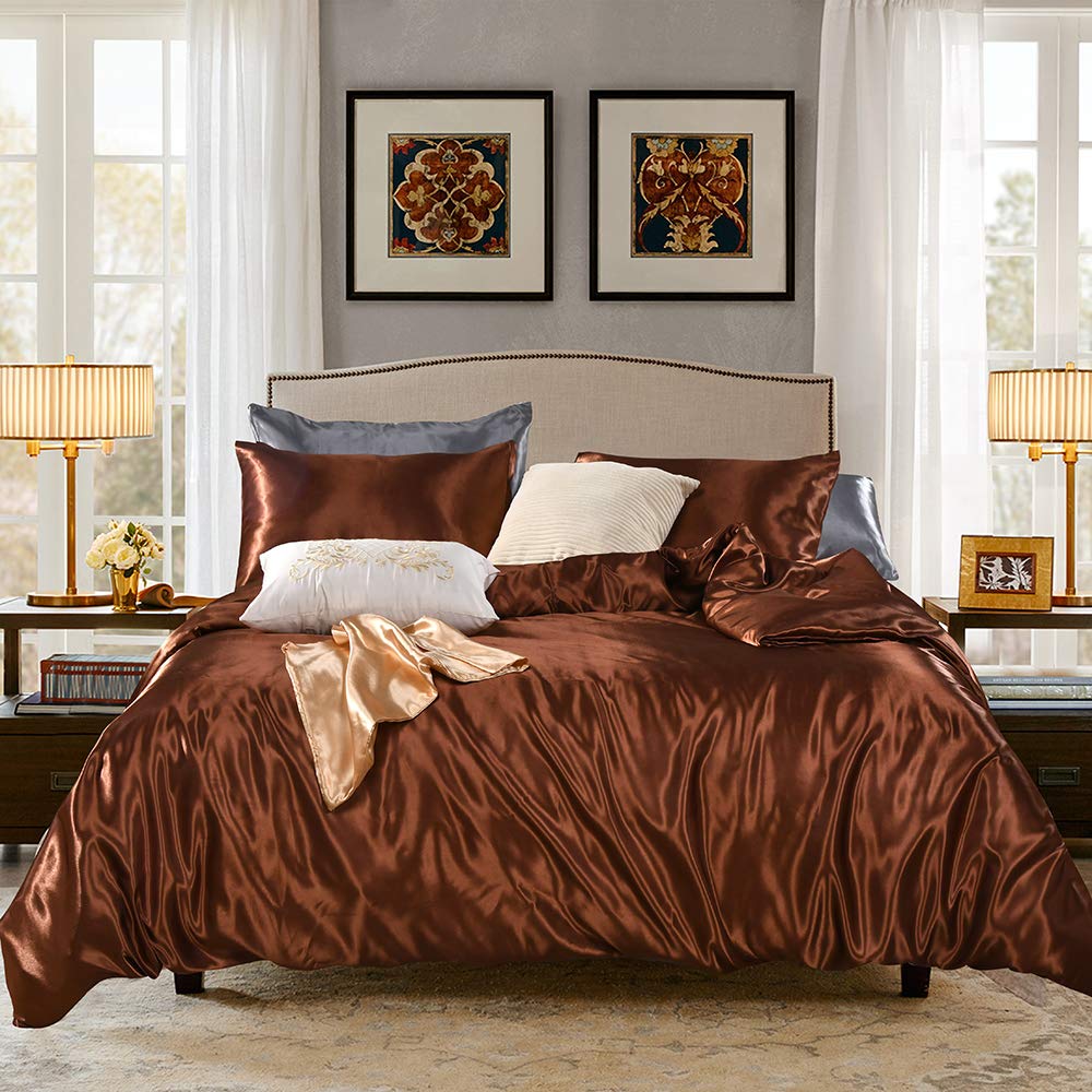 Ultra Soft Silky Satin Duvet Cover - 1 Piece Hotel Quality Comforter Cover with Button Closure & Corner Ties - Twin/Twin XL Size in Elegant Brown - Perfect for Bedroom, Guest Room & Luxury Hotel Styling