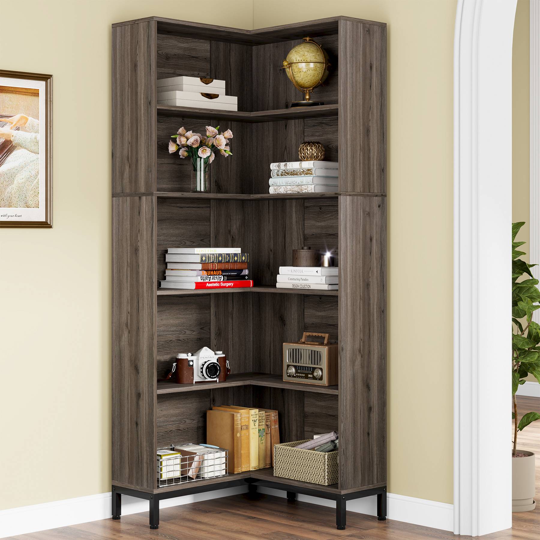6 Tier Corner Bookcase, 71 Inch L-Shaped Etagere Bookshelf - Space-Saving Storage for Living Room, Office, or Bedroom - Perfect for Books, Decor, and Organizing Small Spaces