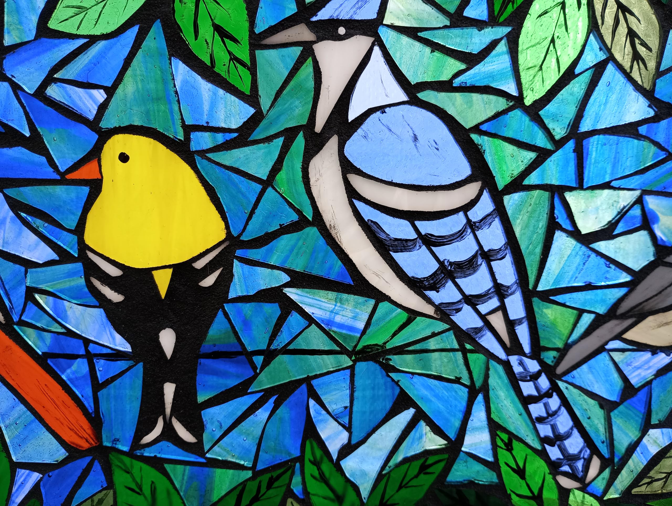 Handmade Stained Glass Mosaic Panel - Birds on Wire Design - Perfect for Window Decor, Wall Art & Home Décor