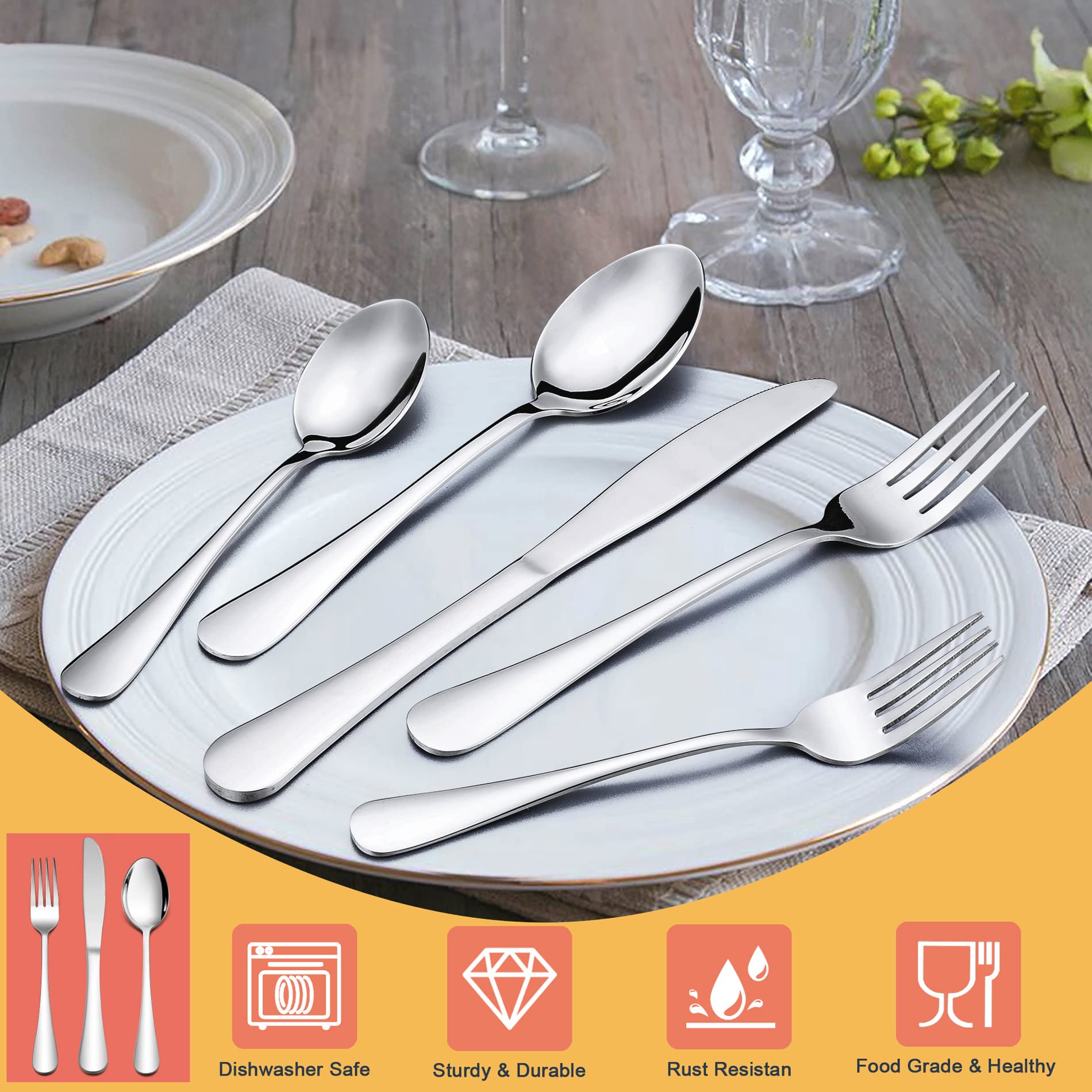 53-Piece Stainless Steel Silverware Set for 8 - Includes Forks, Spoons, Steak Knives & Serving Utensils - Elegant Flatware Cutlery Set for Home Dining - Dishwasher Safe - Perfect for Dinner Parties, Restaurants & Everyday Meals
