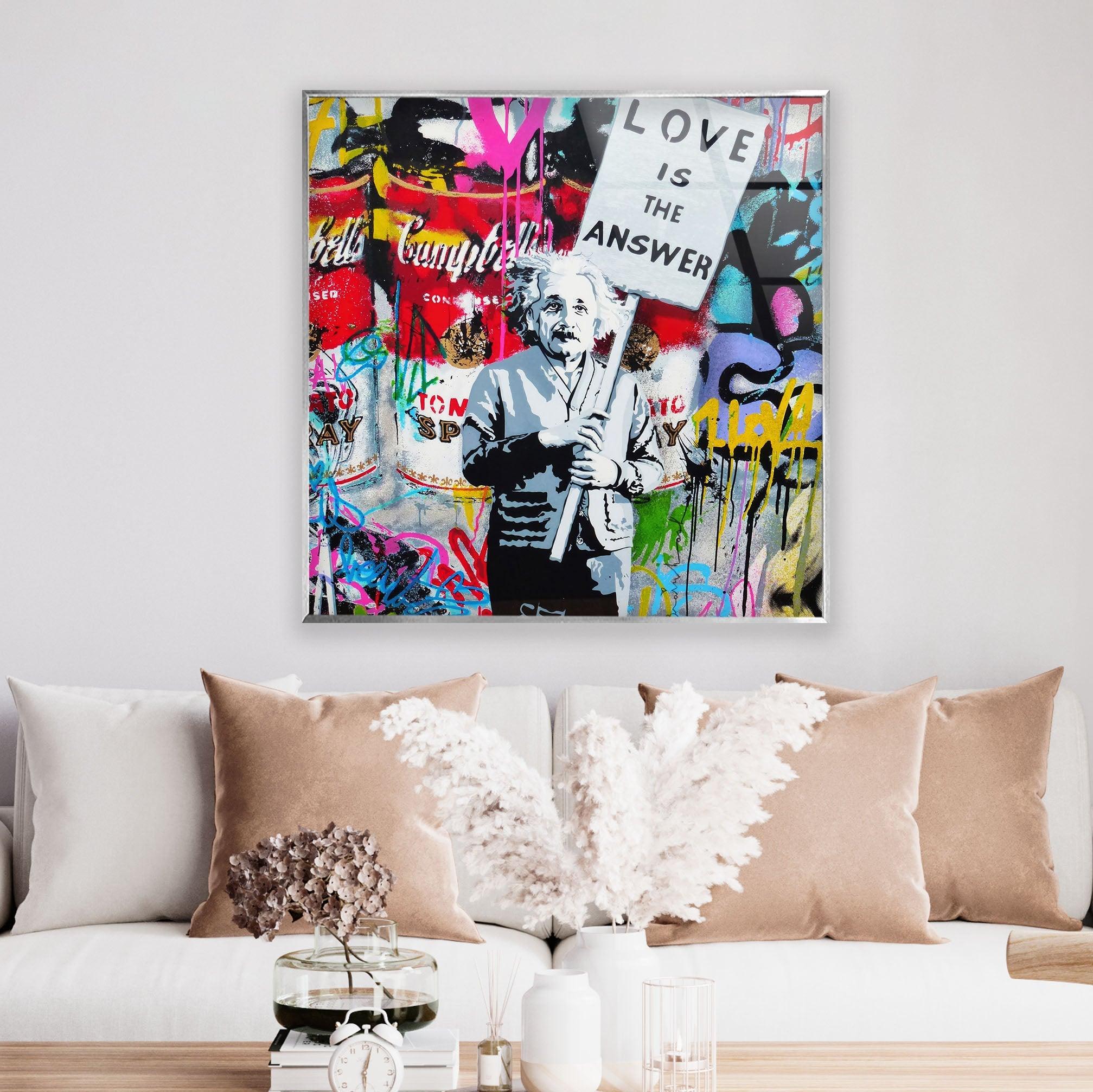 Banksy Einstein Graffiti Glass Wall Art - Modern Home Decor for Living Room, Office & Bedroom - Unique Street Art Inspired Glass Painting