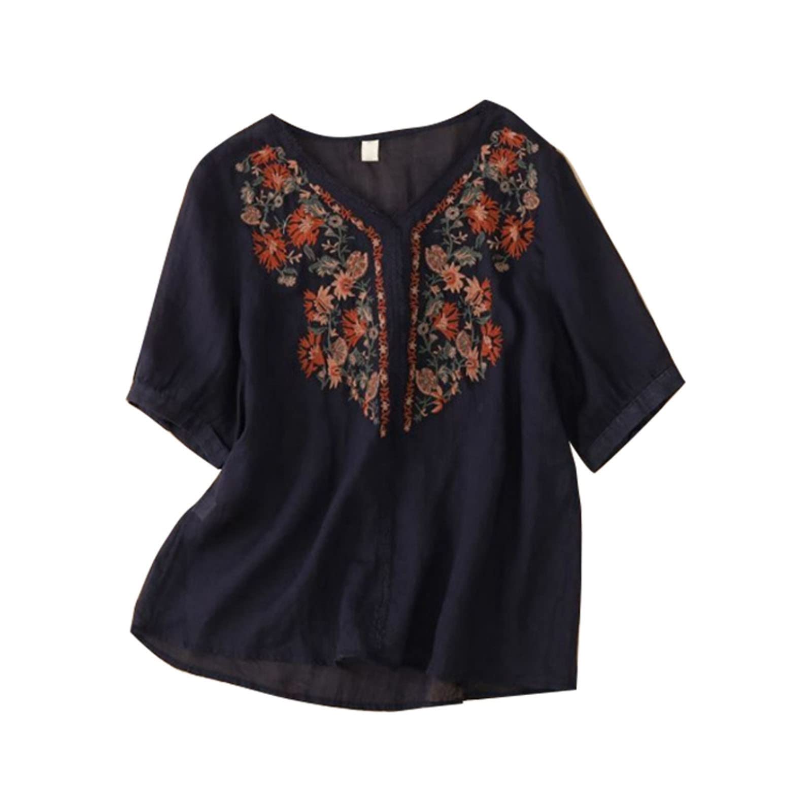 PADON Women's Long Sleeve Embroidered Cotton Linen Shirt - Slim Fit V-Neck Pullover Blouse for Casual & Office Wear | Elegant & Versatile Top for Women