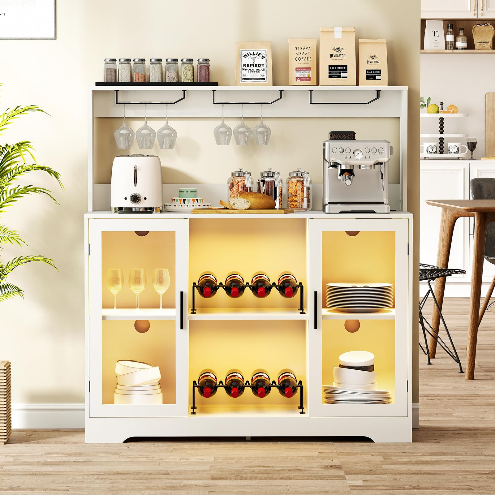 White Wine Bar Cabinet with LED Lights & Power Outlet - Home Liquor Storage Cabinet with Glasses Holder for Living Room, Dining Room & Home Bar - Perfect for Entertaining & Stylish Home Decor