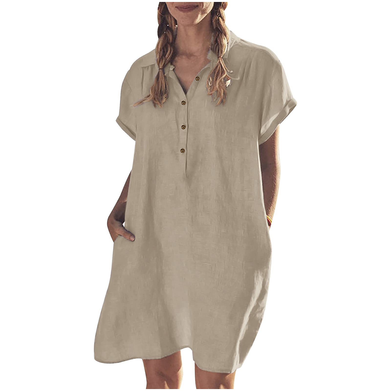 Women's Summer Dresses 2023 - Cotton Linen V-Neck Button Up Mini Dress with Short Sleeves | Casual Solid Color Sundress for Beach, Vacation & Everyday Wear