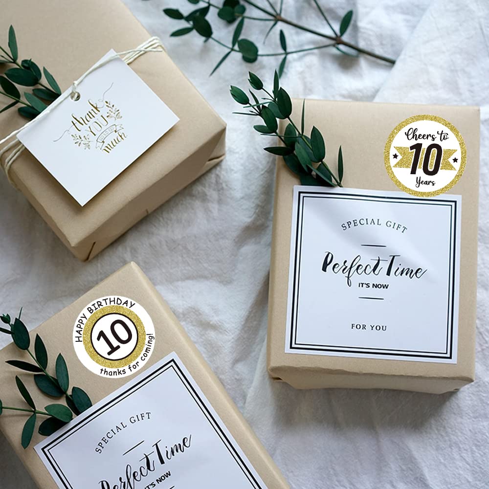 REWIDPARTY White Gold 10th Birthday Stickers Rolls - 500 Cheers to 10 Years Adhesive Party Stickers for Birthday Party Favors, Anniversary Decorations | Perfect for Kids Birthday Parties, Milestone Celebrations & DIY Scrapbooking
